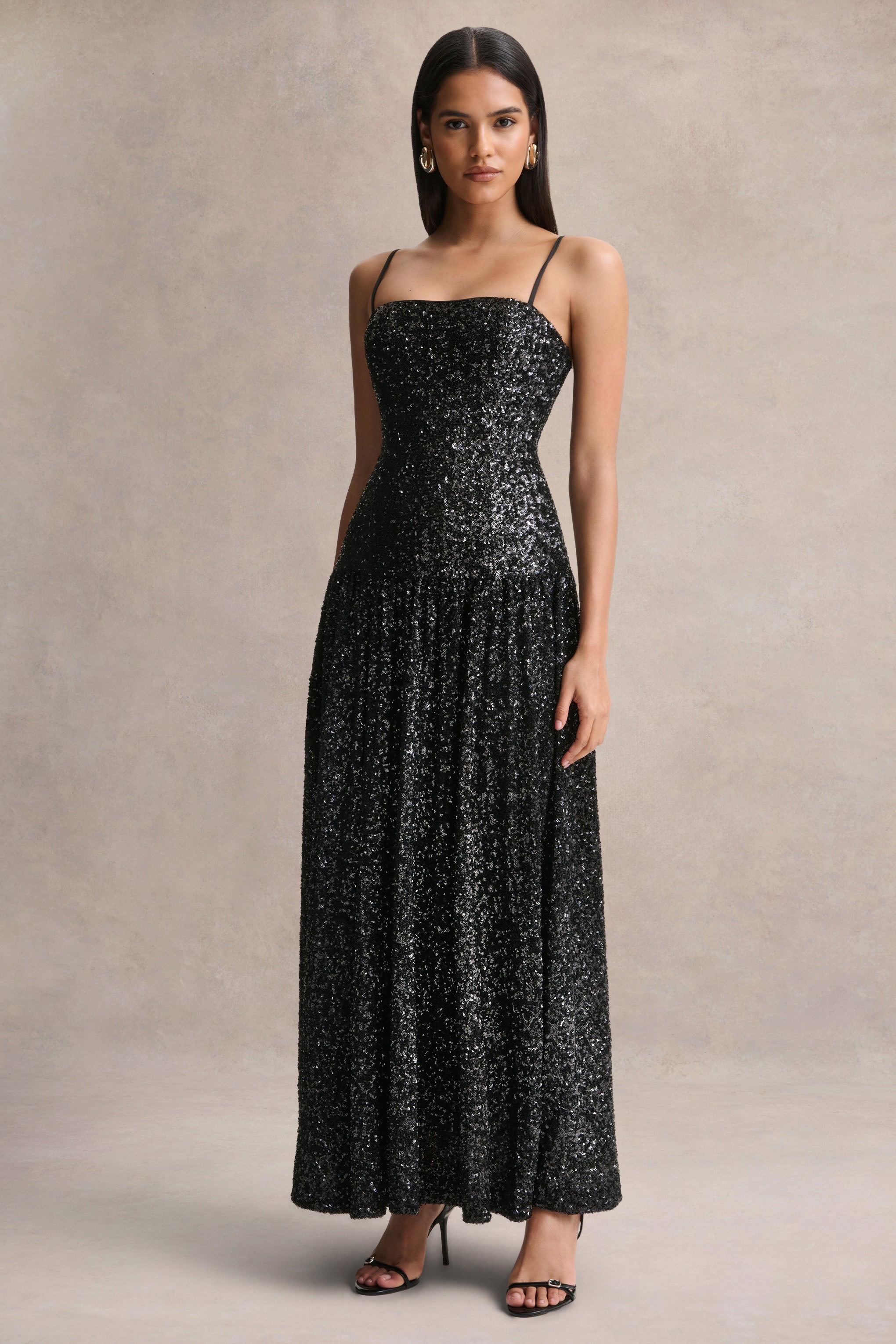 Allora | Black Sequin Square-Neck Maxi Dress With Pleated Skirt