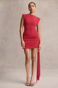 Aubrey | Red High-Neck Wrapped Mini Dress With Sash