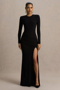 Liora | Black Crew-Neck Maxi Dress With Front-High Split
