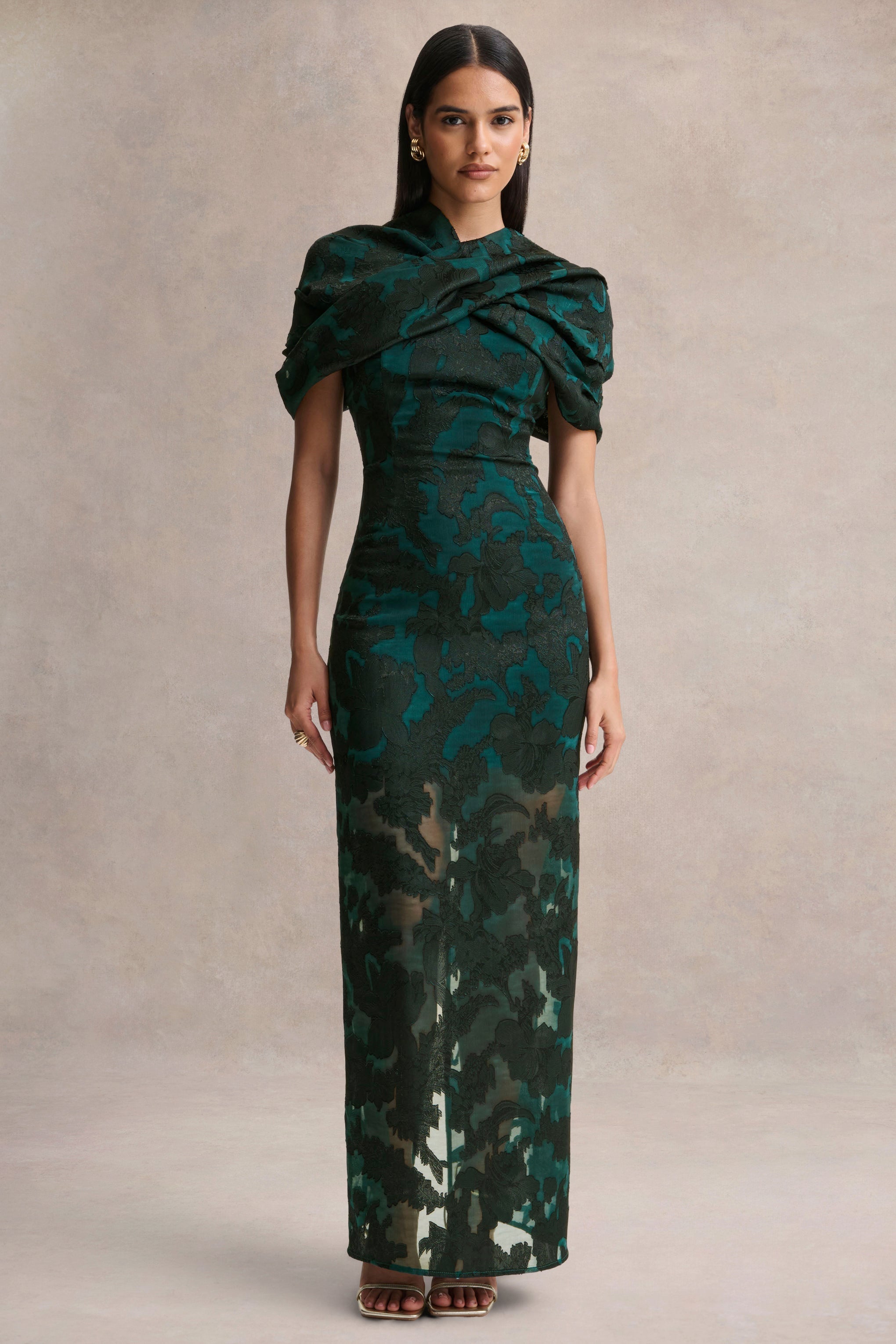 Hada | Dark Green Satin Devore Square-Neck Maxi Dress With Removable Twisted-Cape