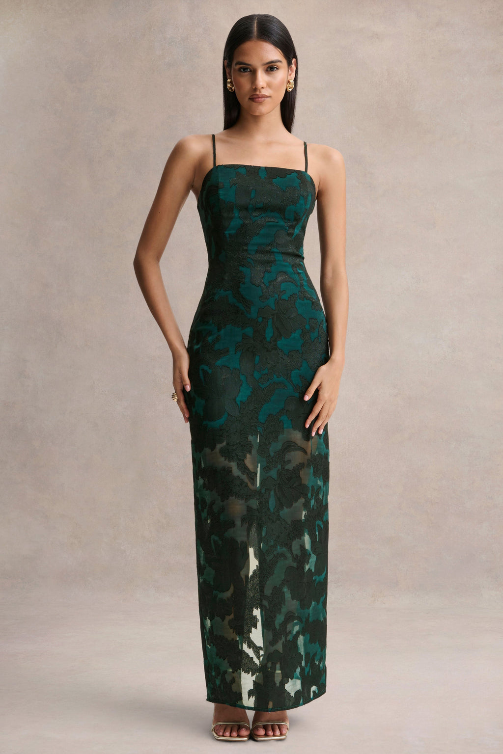 Hada | Dark Green Satin Devore Square-Neck Maxi Dress With Removable Twisted-Cape