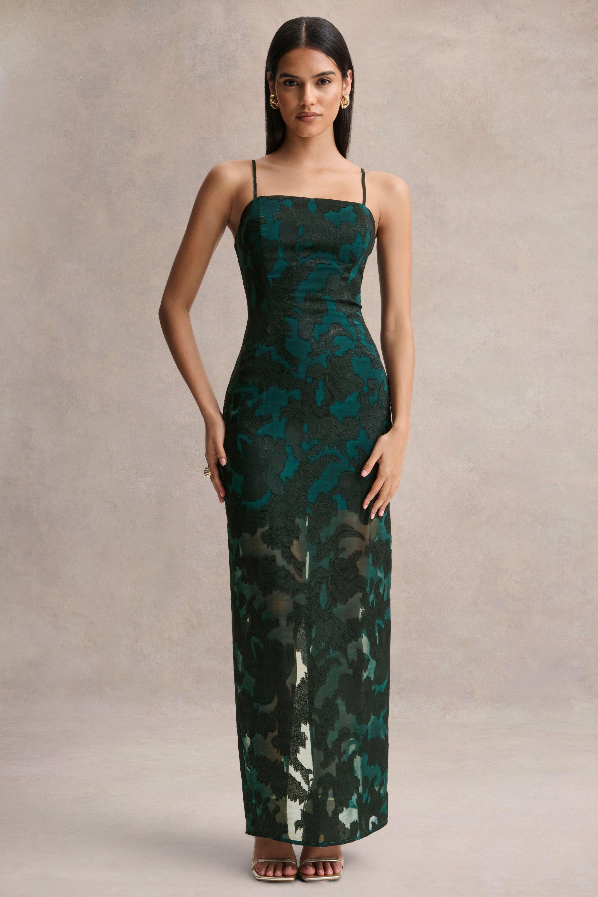 Hada | Dark Green Satin Devore Square-Neck Maxi Dress With Removable Twisted-Cape