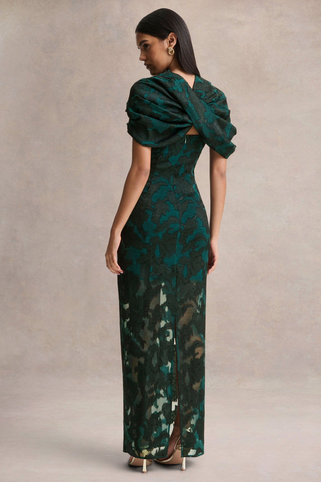 Hada | Dark Green Satin Devore Square-Neck Maxi Dress With Removable Twisted-Cape