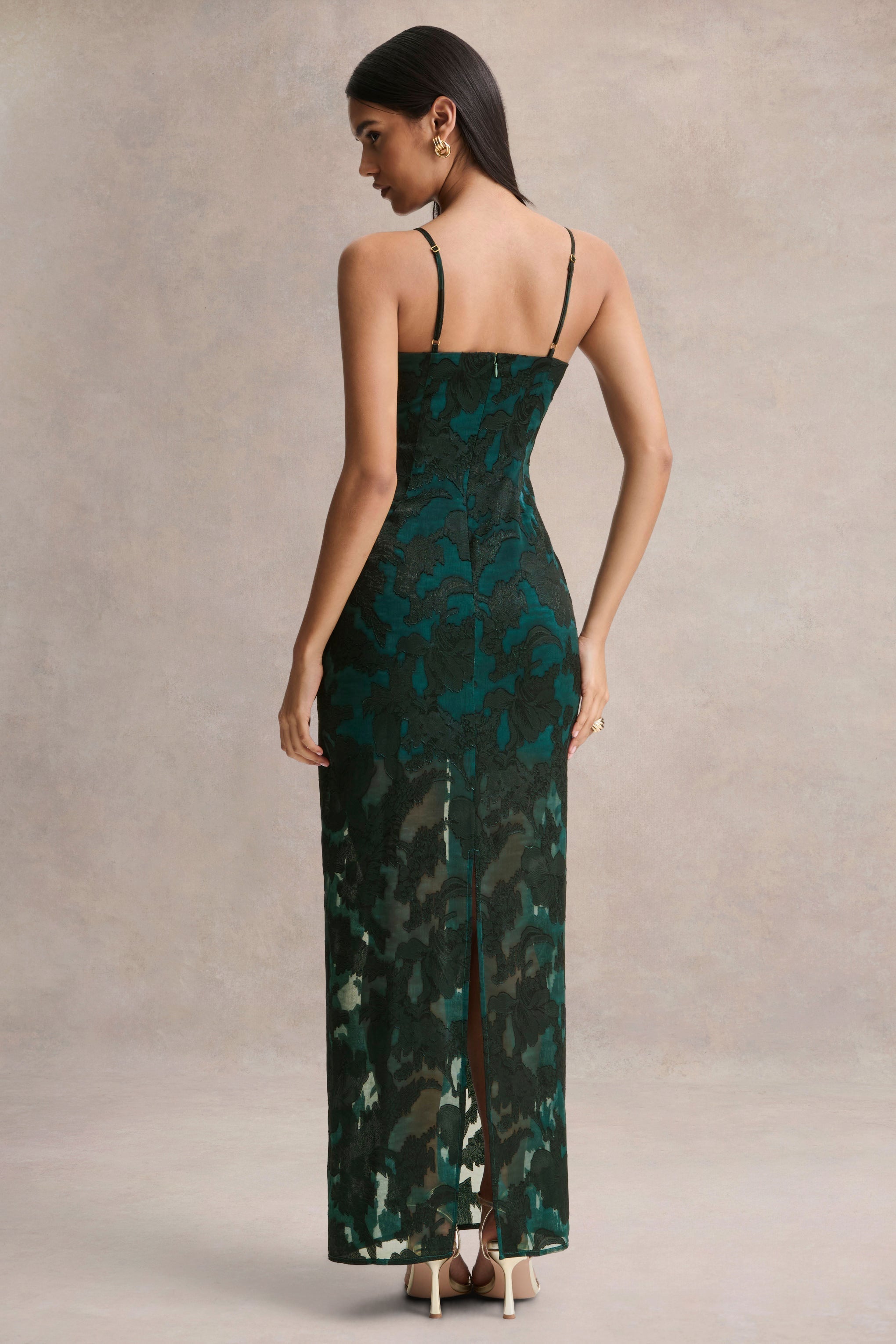 Hada | Dark Green Satin Devore Square-Neck Maxi Dress With Removable Twisted-Cape