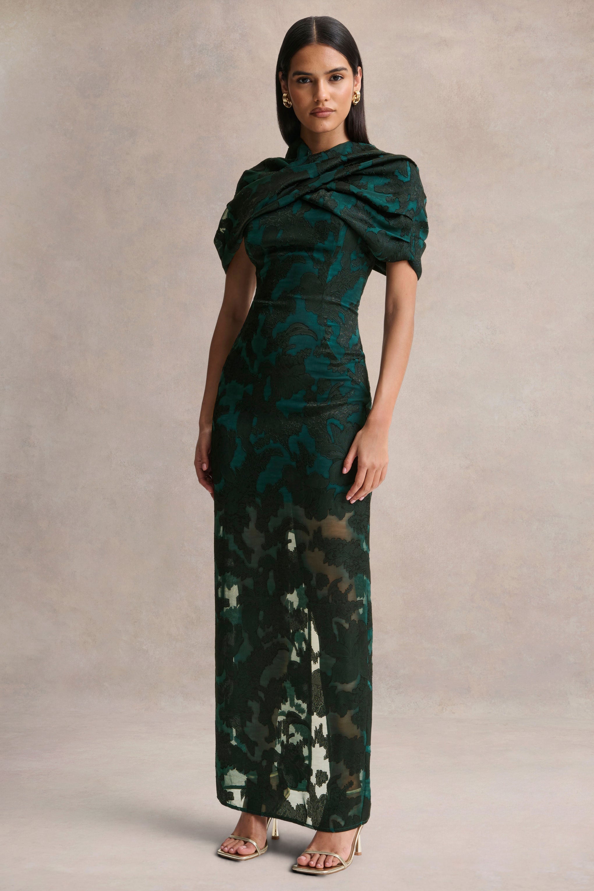 Hada | Dark Green Satin Devore Square-Neck Maxi Dress With Removable Twisted-Cape