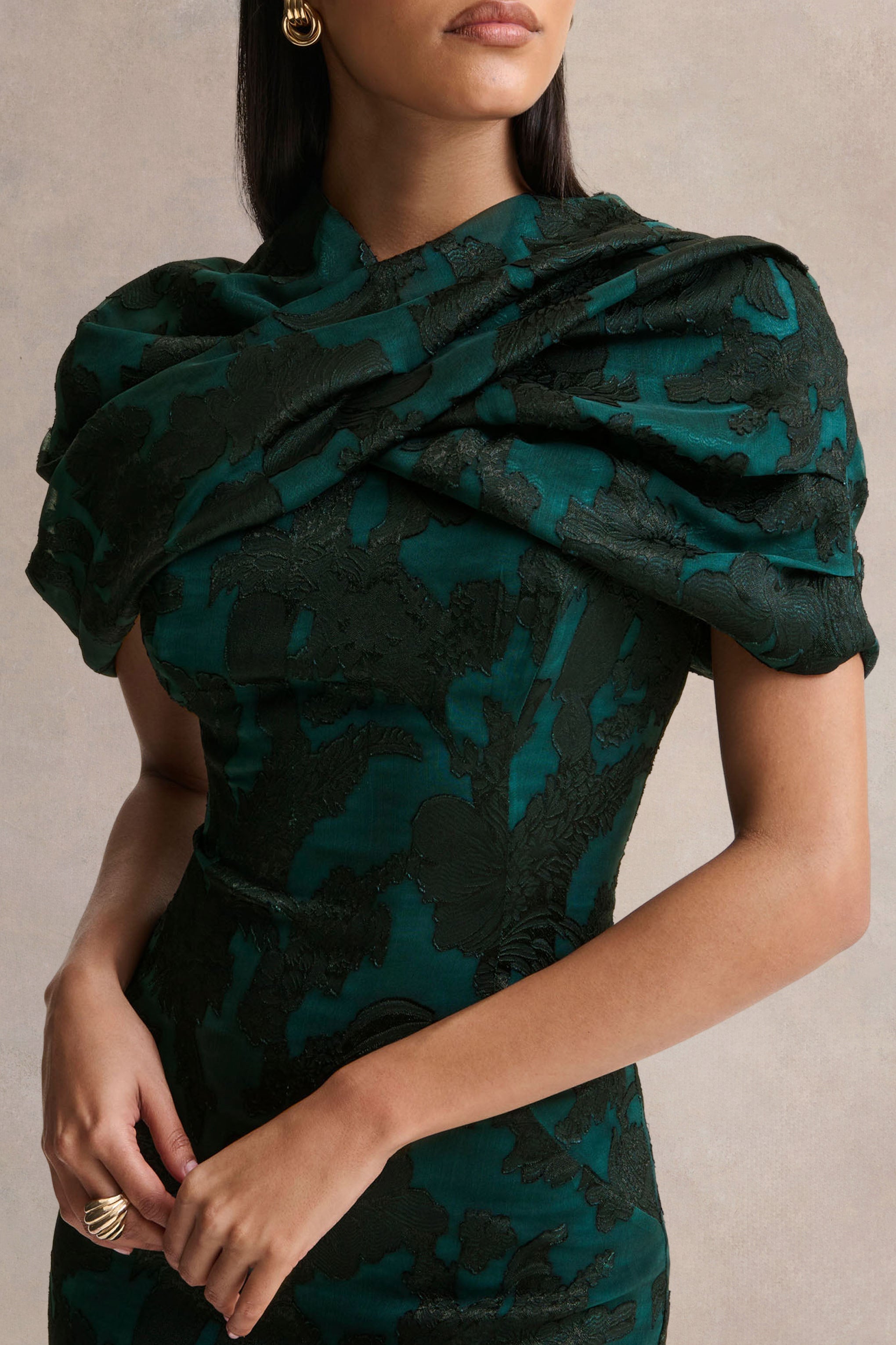 Hada | Dark Green Satin Devore Square-Neck Maxi Dress With Removable Twisted-Cape