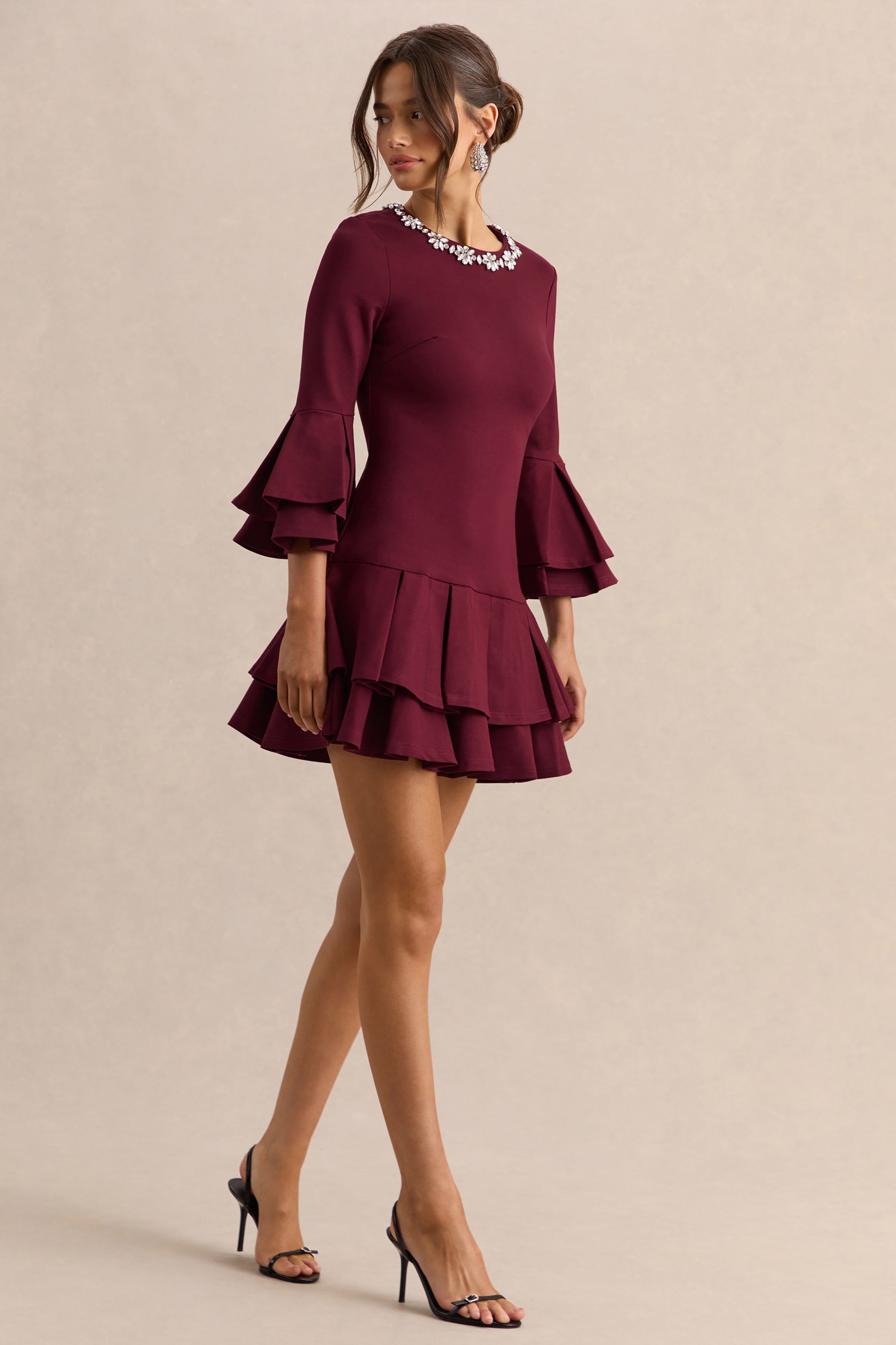Mirna | Burgundy Crew-Neck Mini Dress With Bell Sleeves And Ruffled Detailing