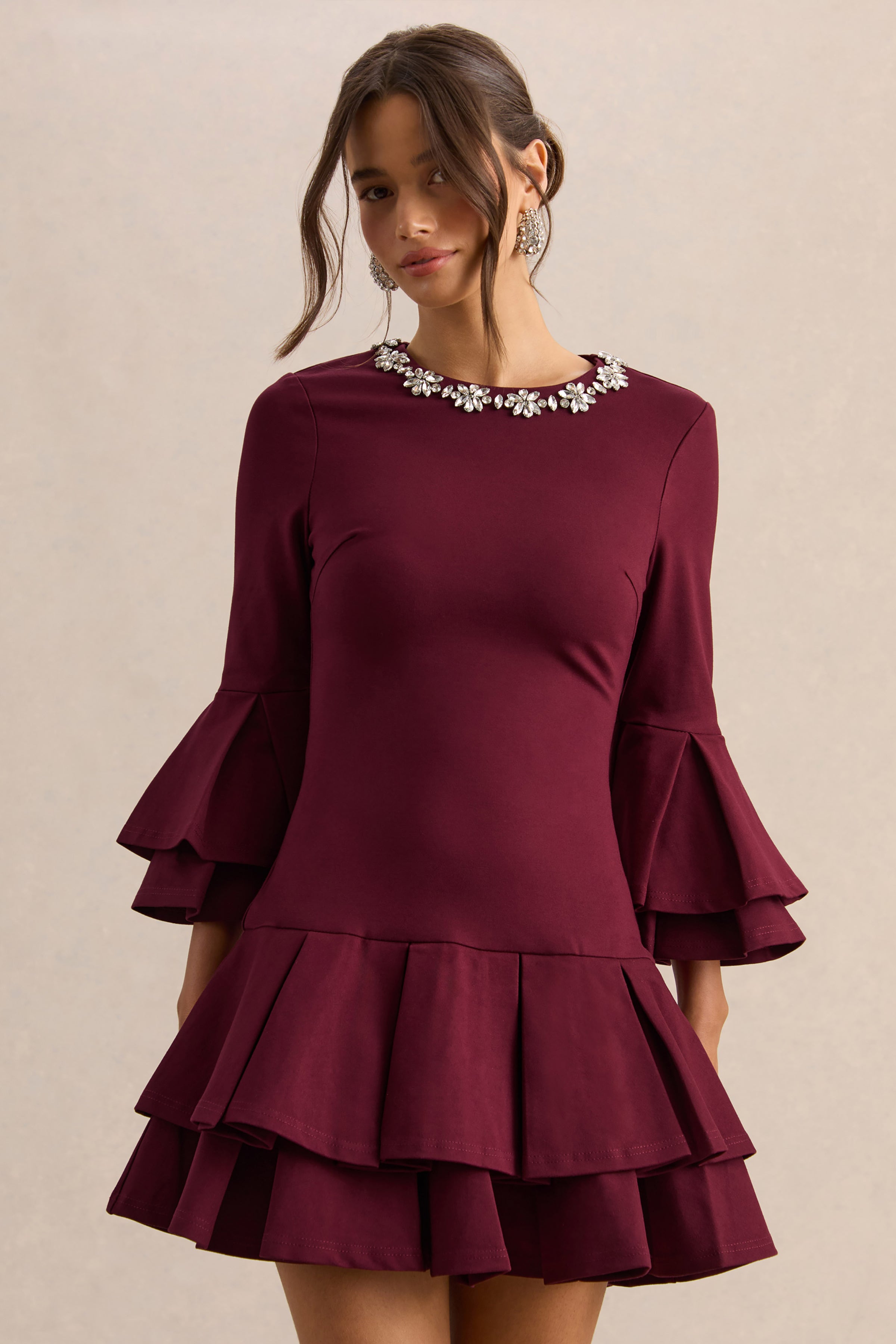 Mirna | Burgundy Crew-Neck Mini Dress With Bell Sleeves And Ruffled Detailing