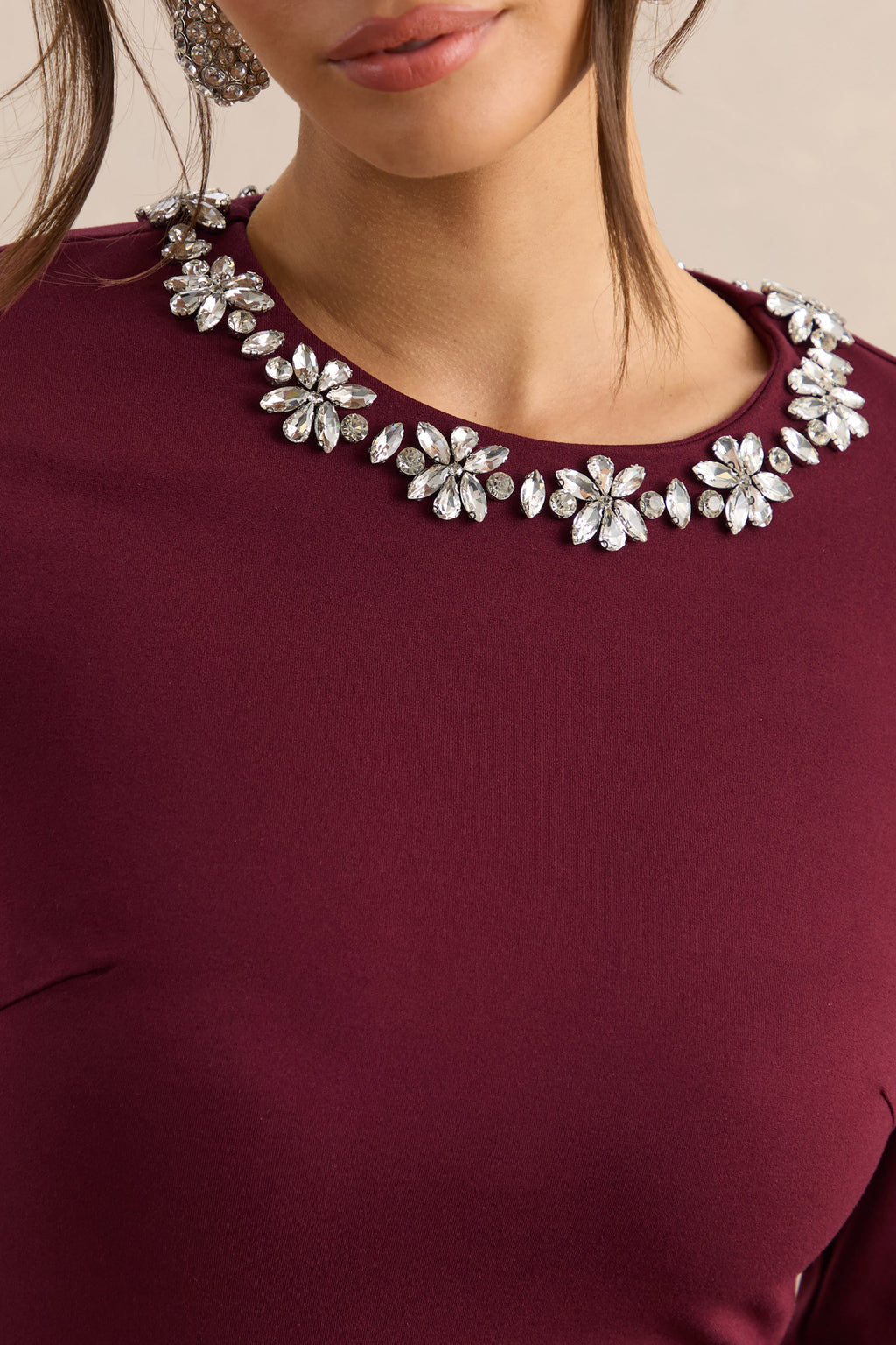 Mirna | Burgundy Crew-Neck Mini Dress With Bell Sleeves And Ruffled Detailing