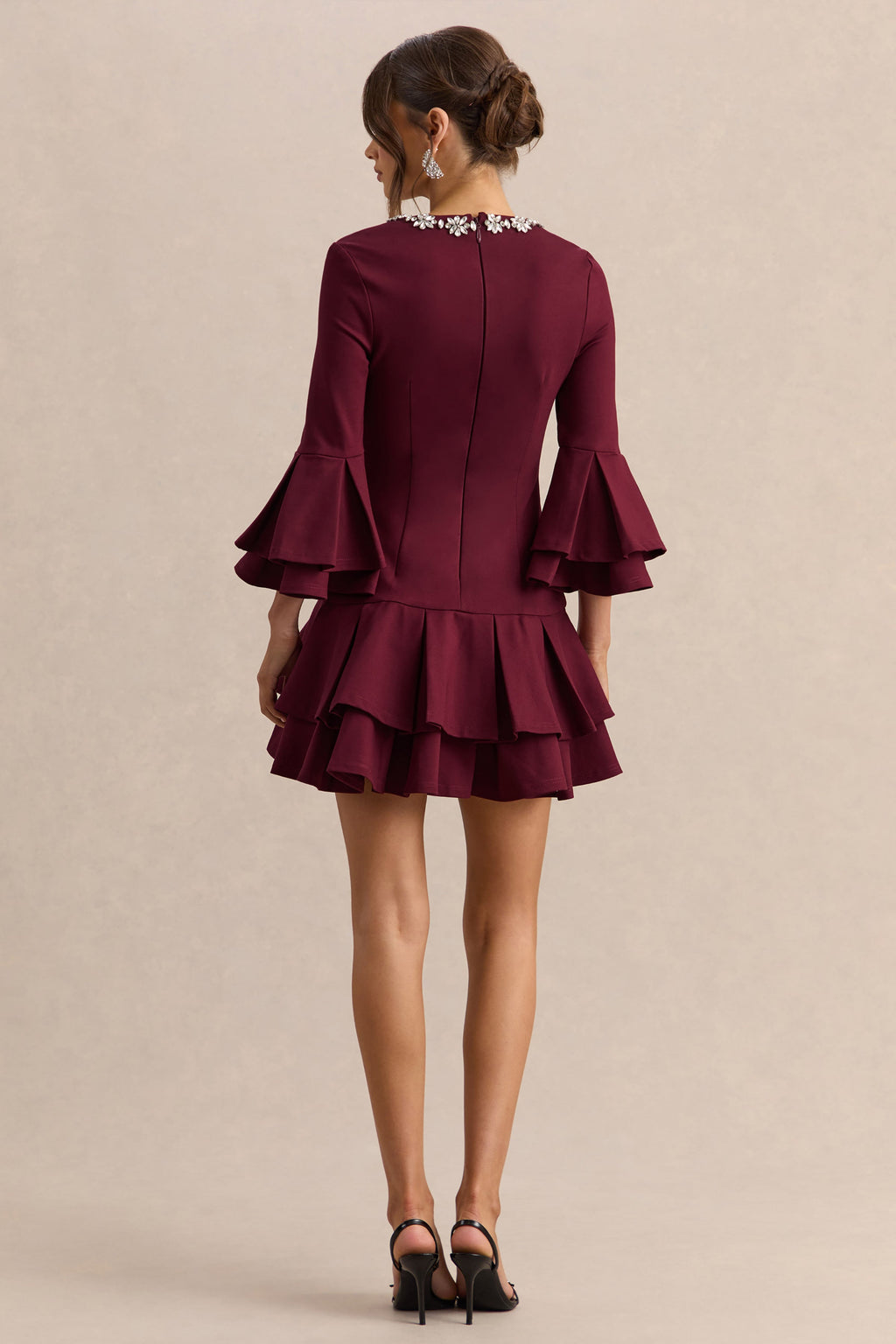 Mirna | Burgundy Crew-Neck Mini Dress With Bell Sleeves And Ruffled Detailing