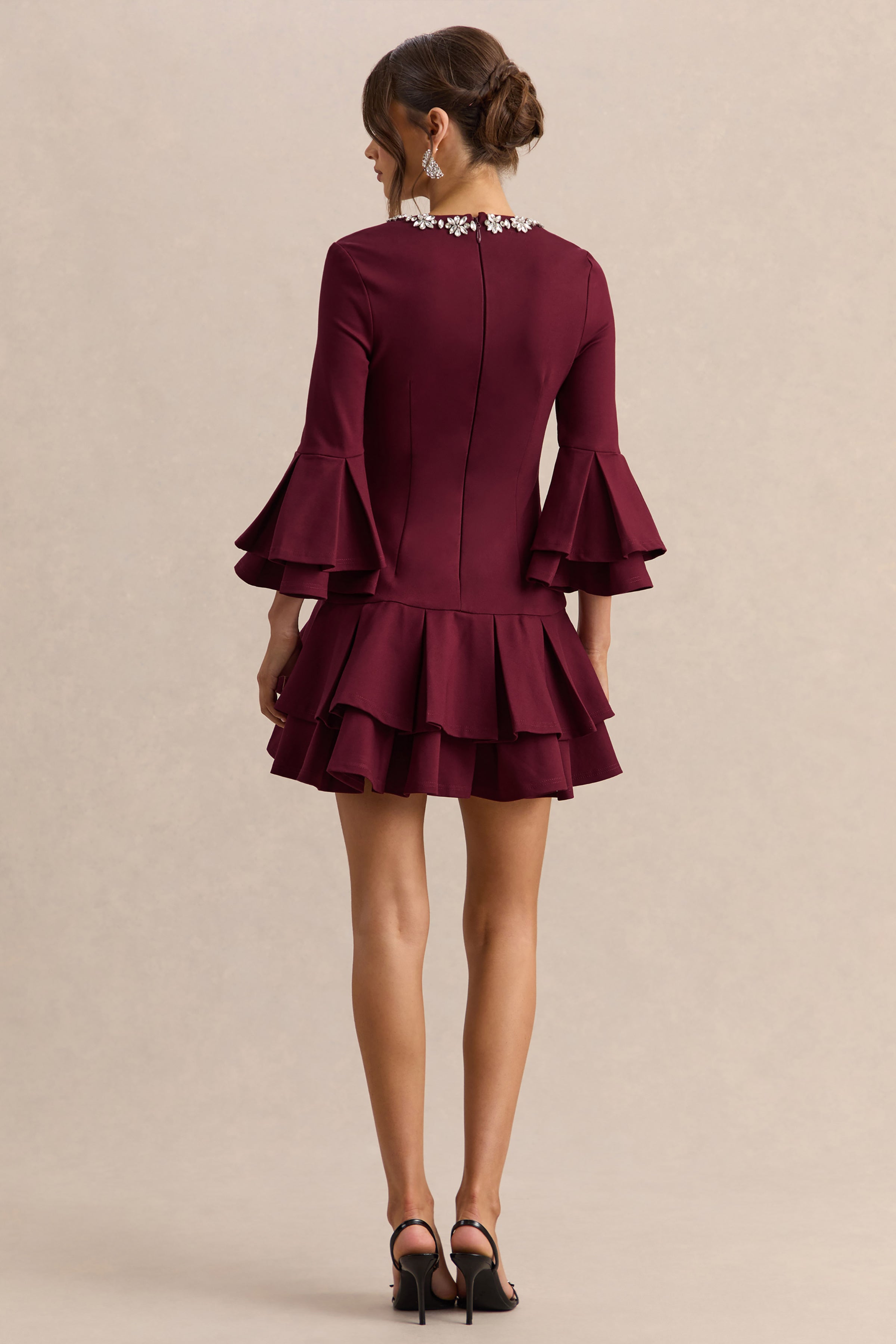 Mirna | Burgundy Crew-Neck Mini Dress With Bell Sleeves And Ruffled Detailing