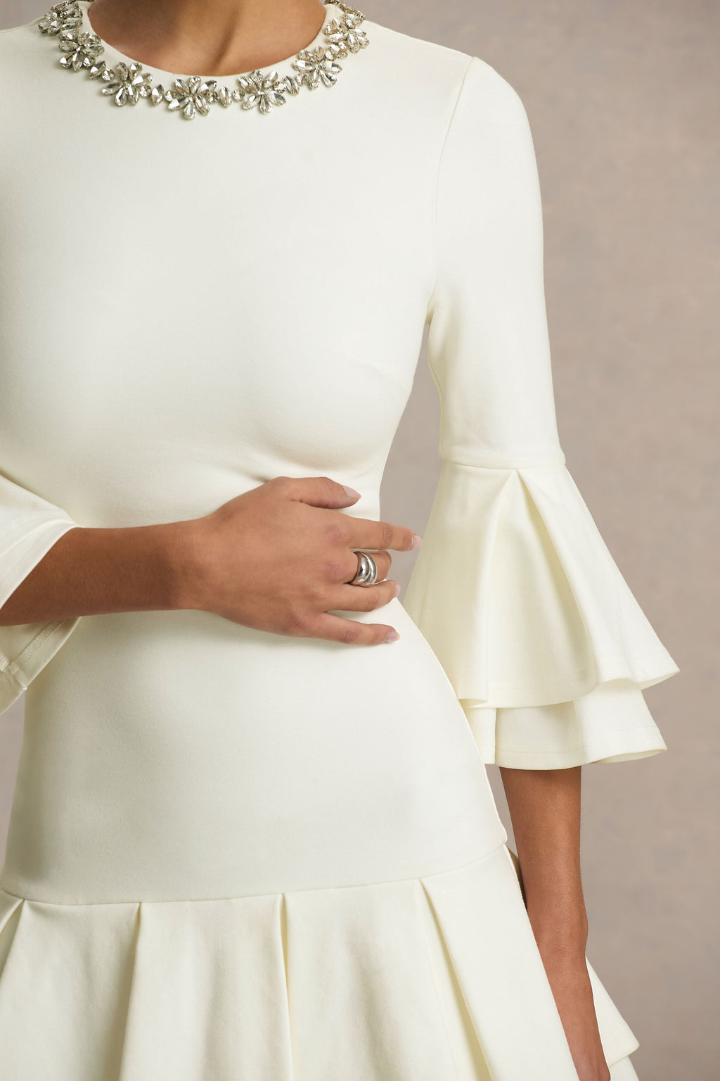 Mirna | Cream Crew Neck Mini Dress With Bell Sleeves And Ruffled Detailing