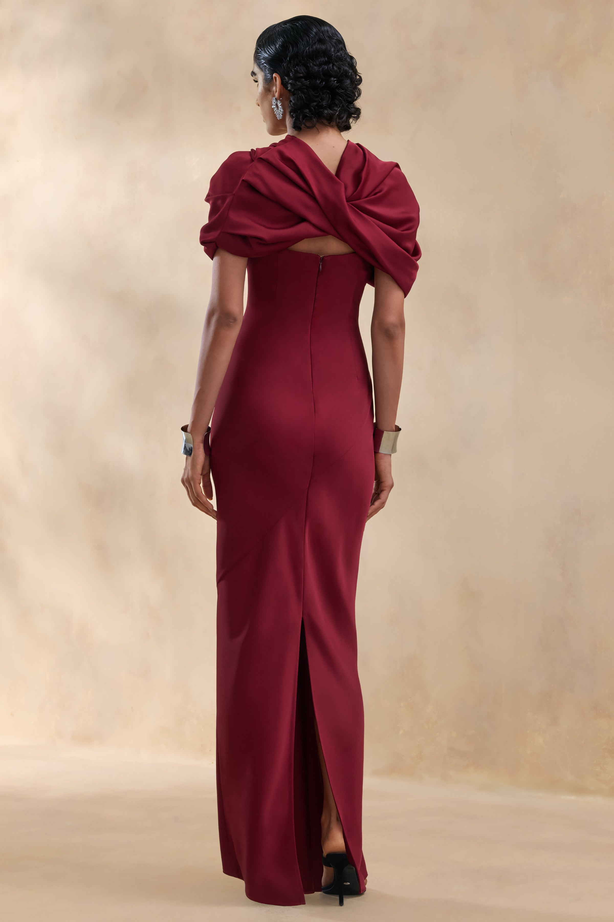 Yoli | Burgundy Satin Maxi Dress With Removable Twist-Cape