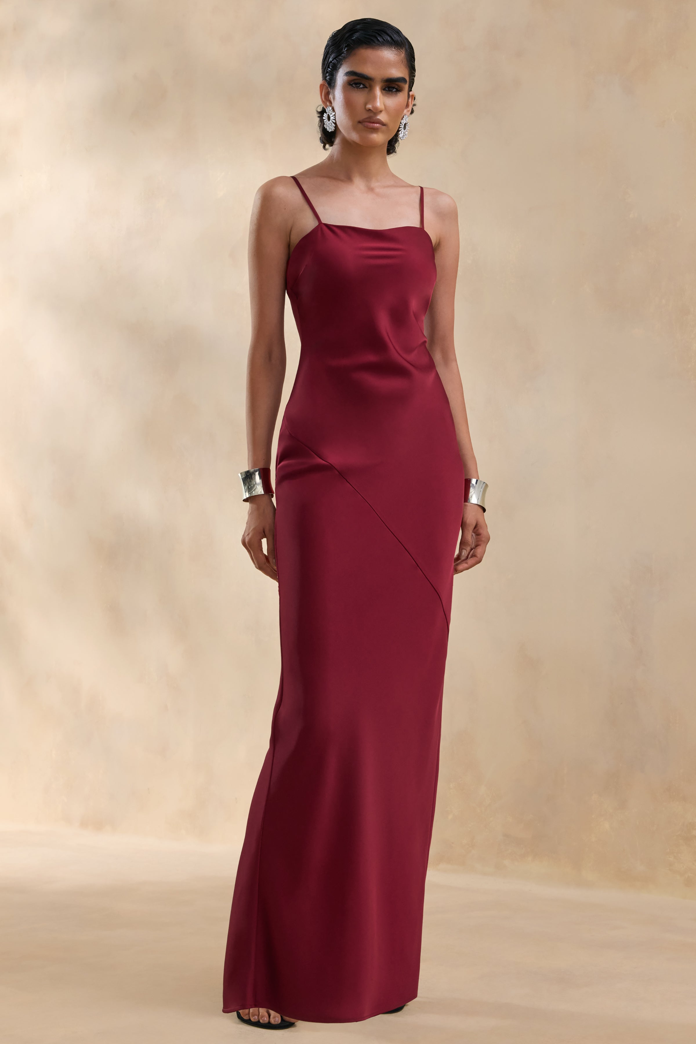 Yoli | Burgundy Satin Maxi Dress With Removable Twist-Cape