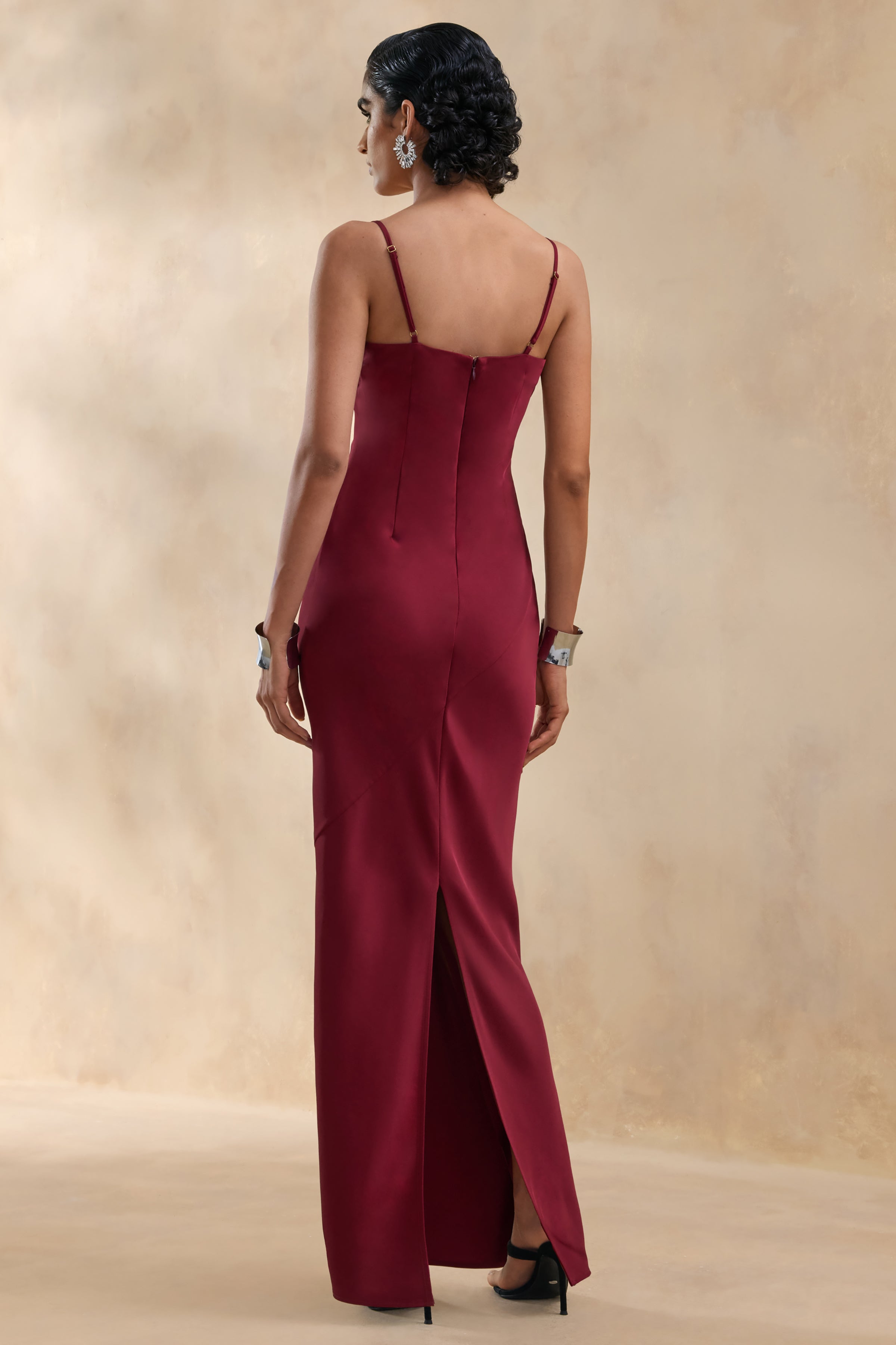 Yoli | Burgundy Satin Maxi Dress With Removable Twist-Cape