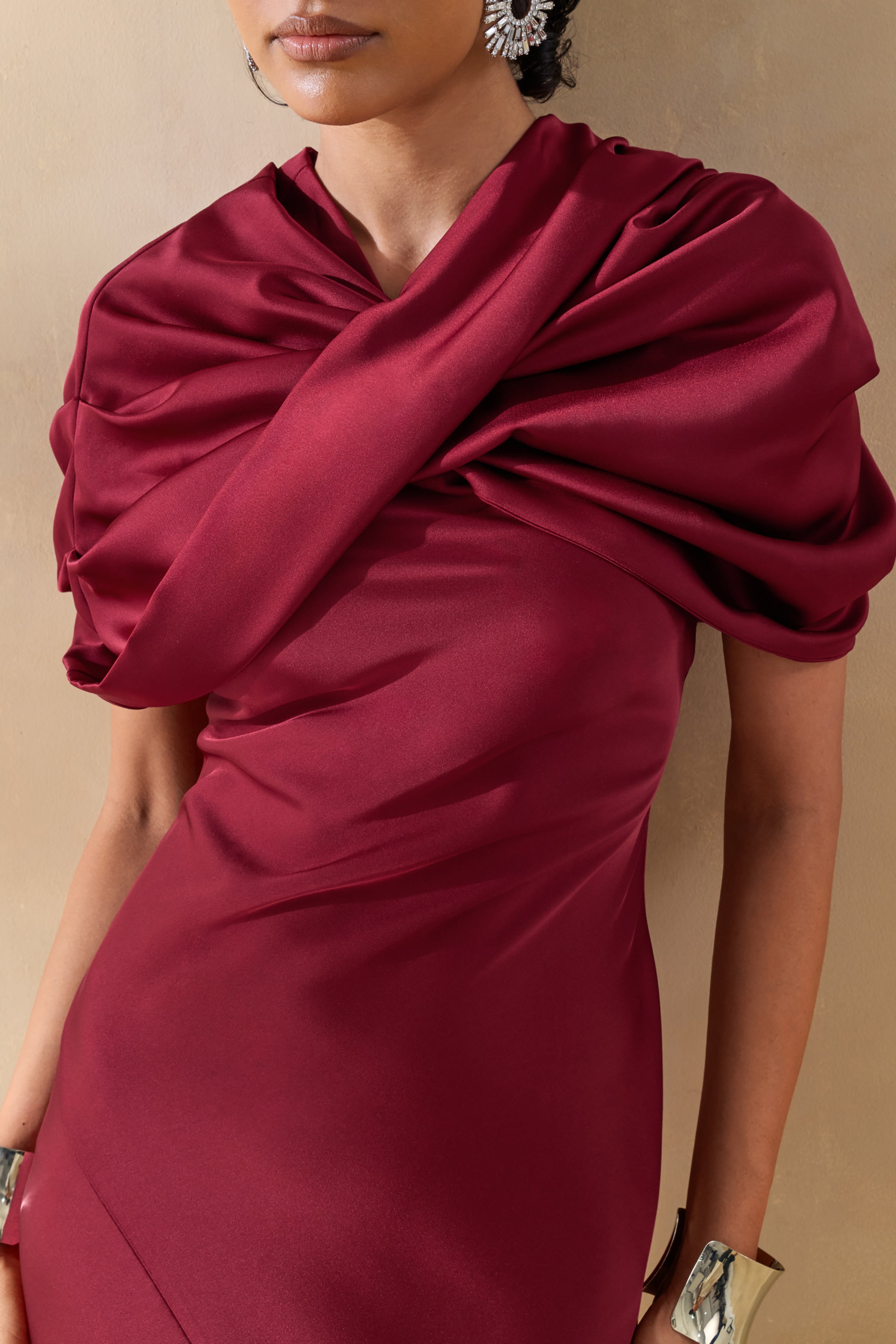 Yoli | Burgundy Satin Maxi Dress With Removable Twist-Cape