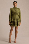 Imma | Olive High-Neck Mini Dress With Ruffled Detailing