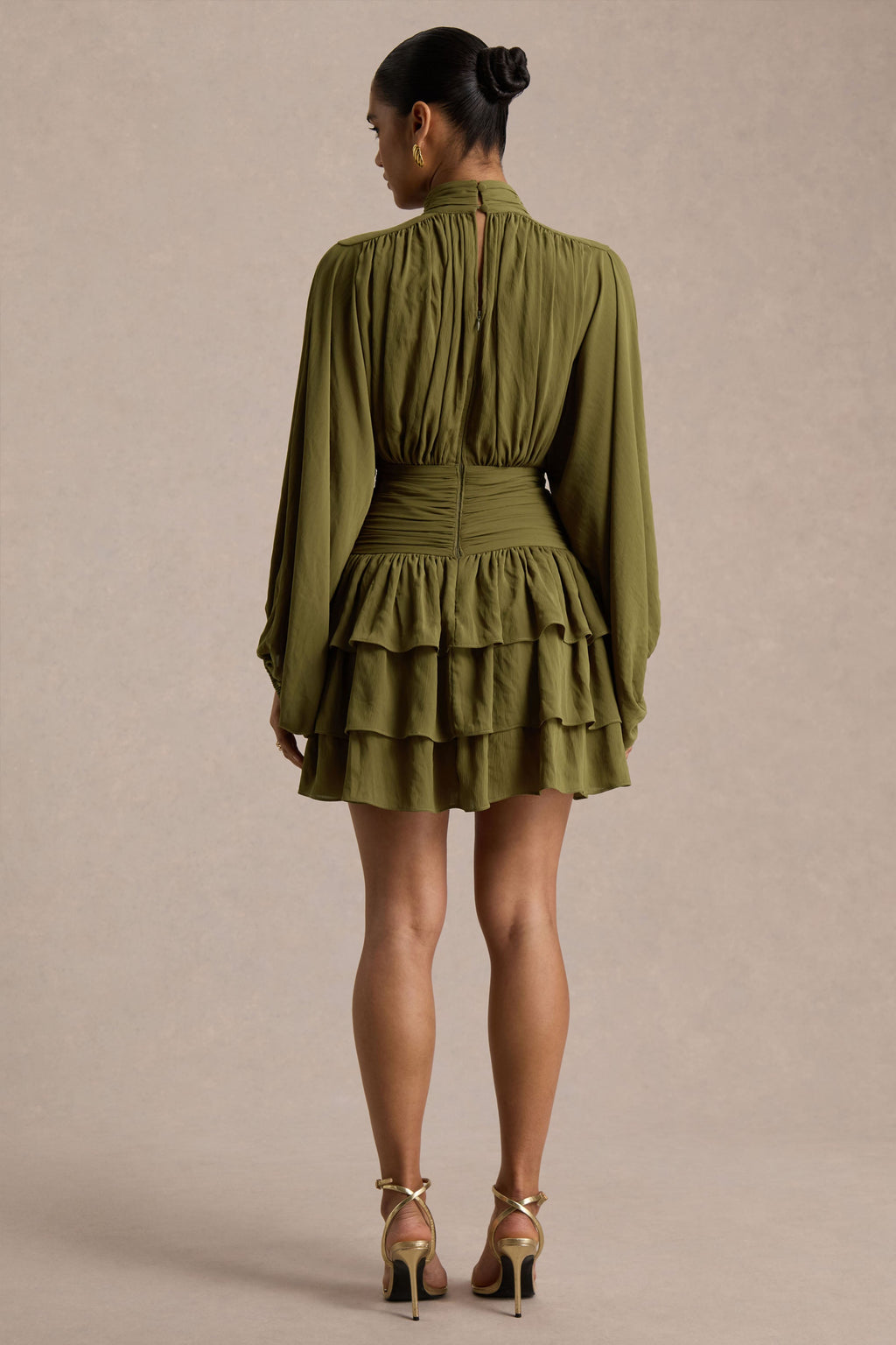Imma | Olive High-Neck Mini Dress With Ruffled Detailing