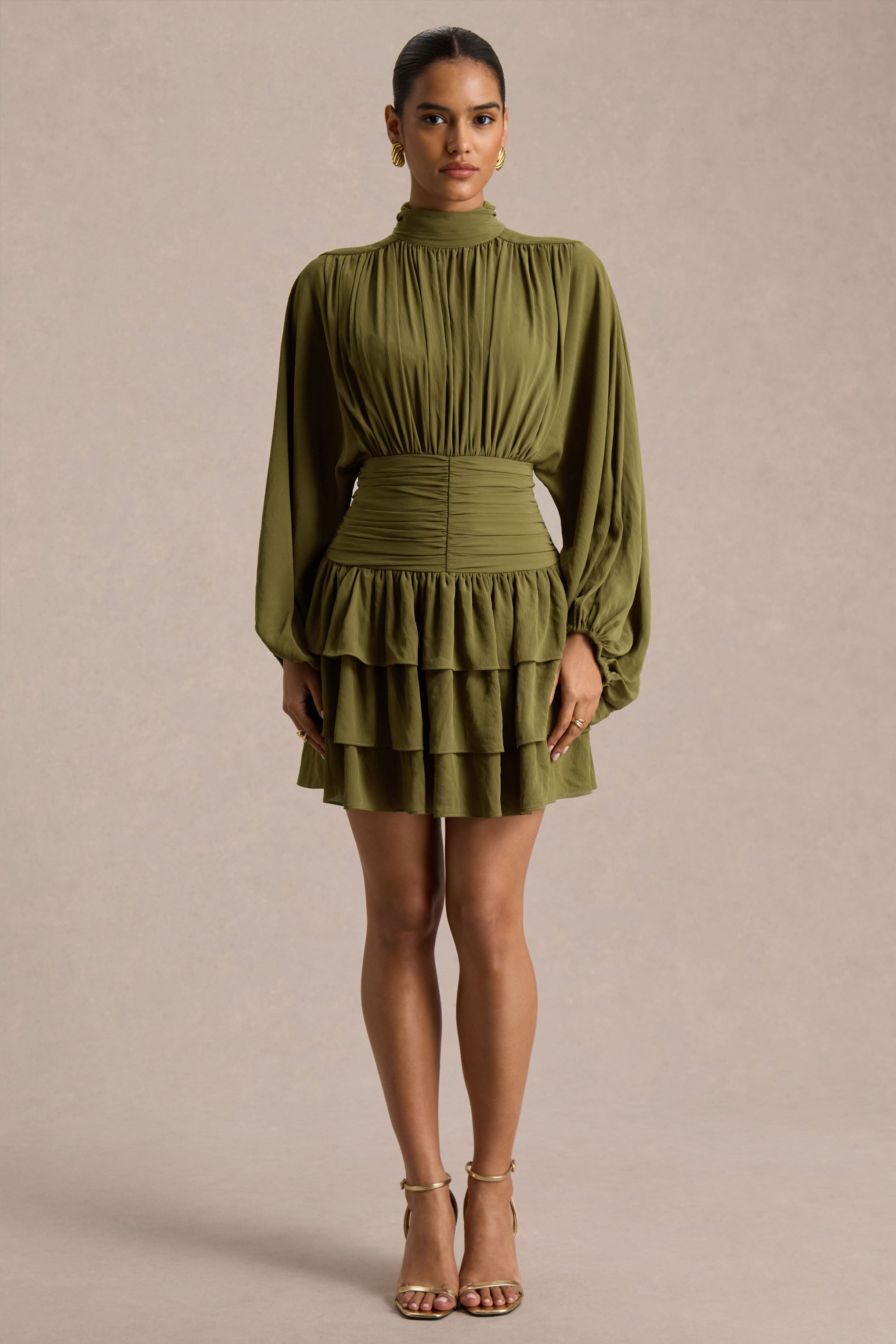Imma | Olive High-Neck Mini Dress With Ruffled Detailing