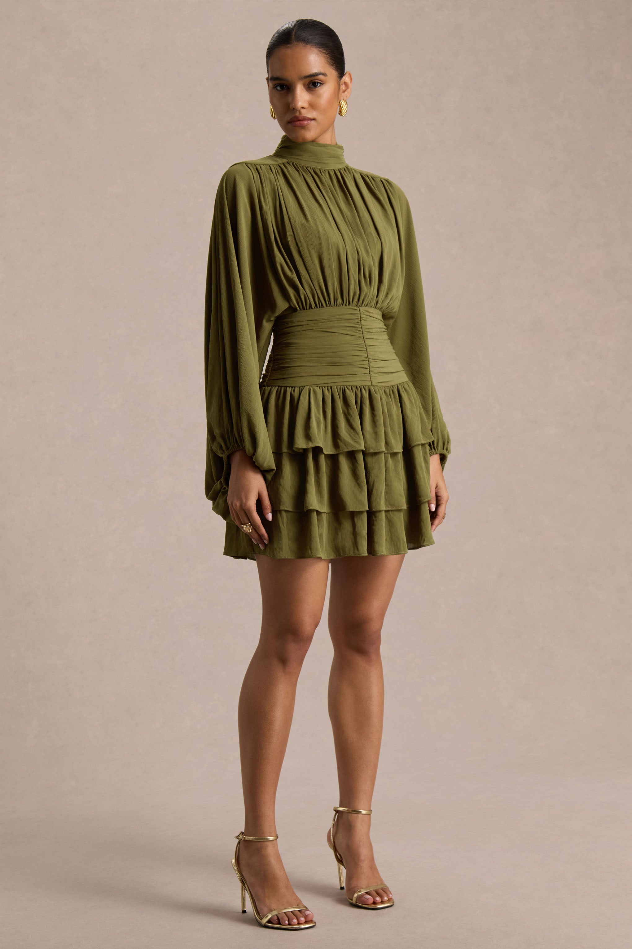 Imma | Olive High-Neck Mini Dress With Ruffled Detailing