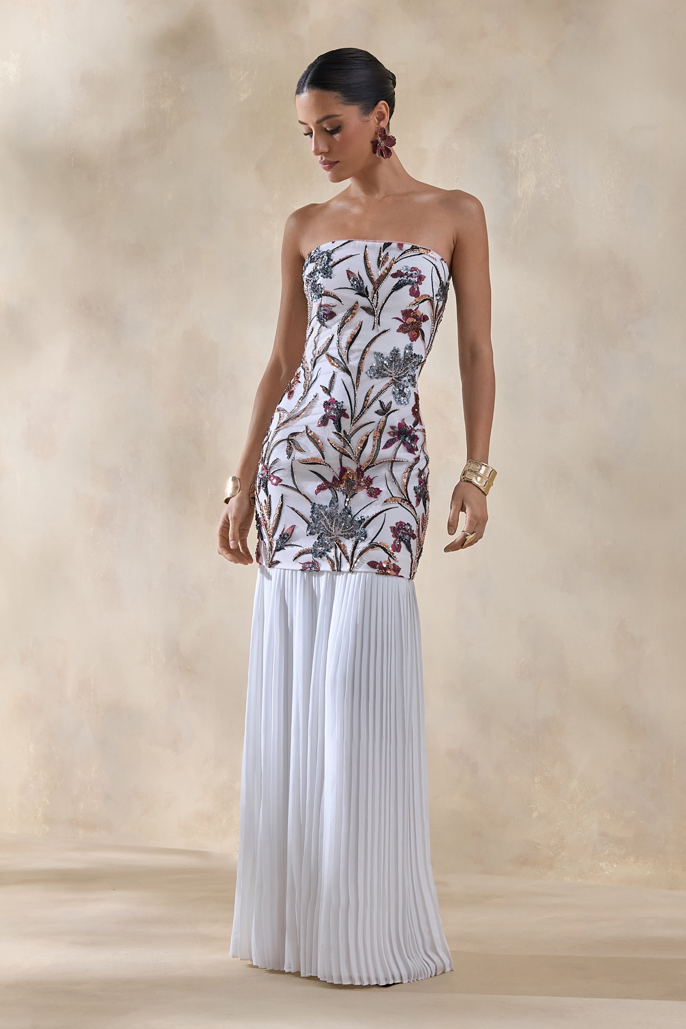 Denise | Cream Sequin Floral Bandeau-Neck Embellished Maxi Dress With Drop-Waist And Mesh Skirt