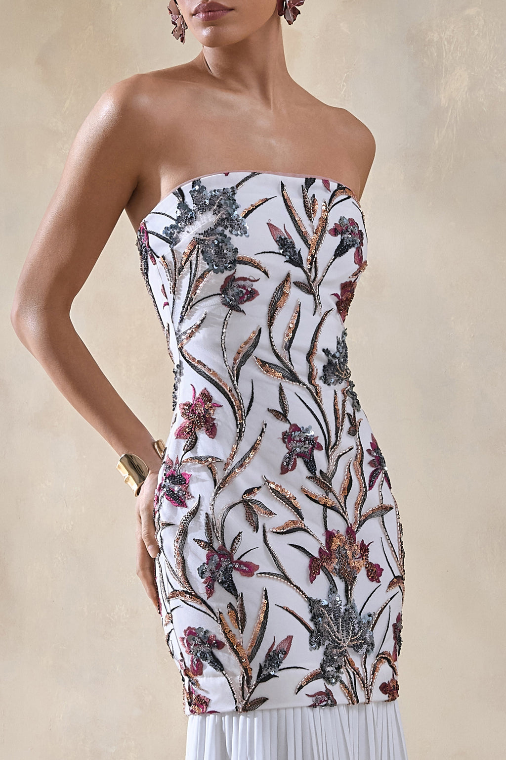 Denise | Cream Sequin Floral Bandeau-Neck Embellished Maxi Dress With Drop-Waist And Mesh Skirt