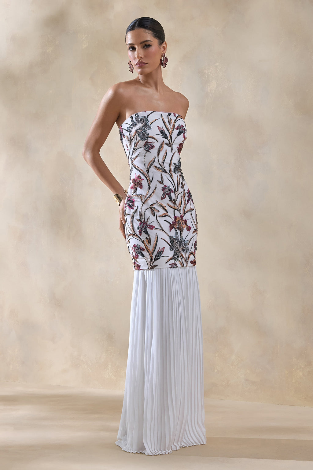Denise | Cream Sequin Floral Bandeau-Neck Embellished Maxi Dress With Drop-Waist And Mesh Skirt