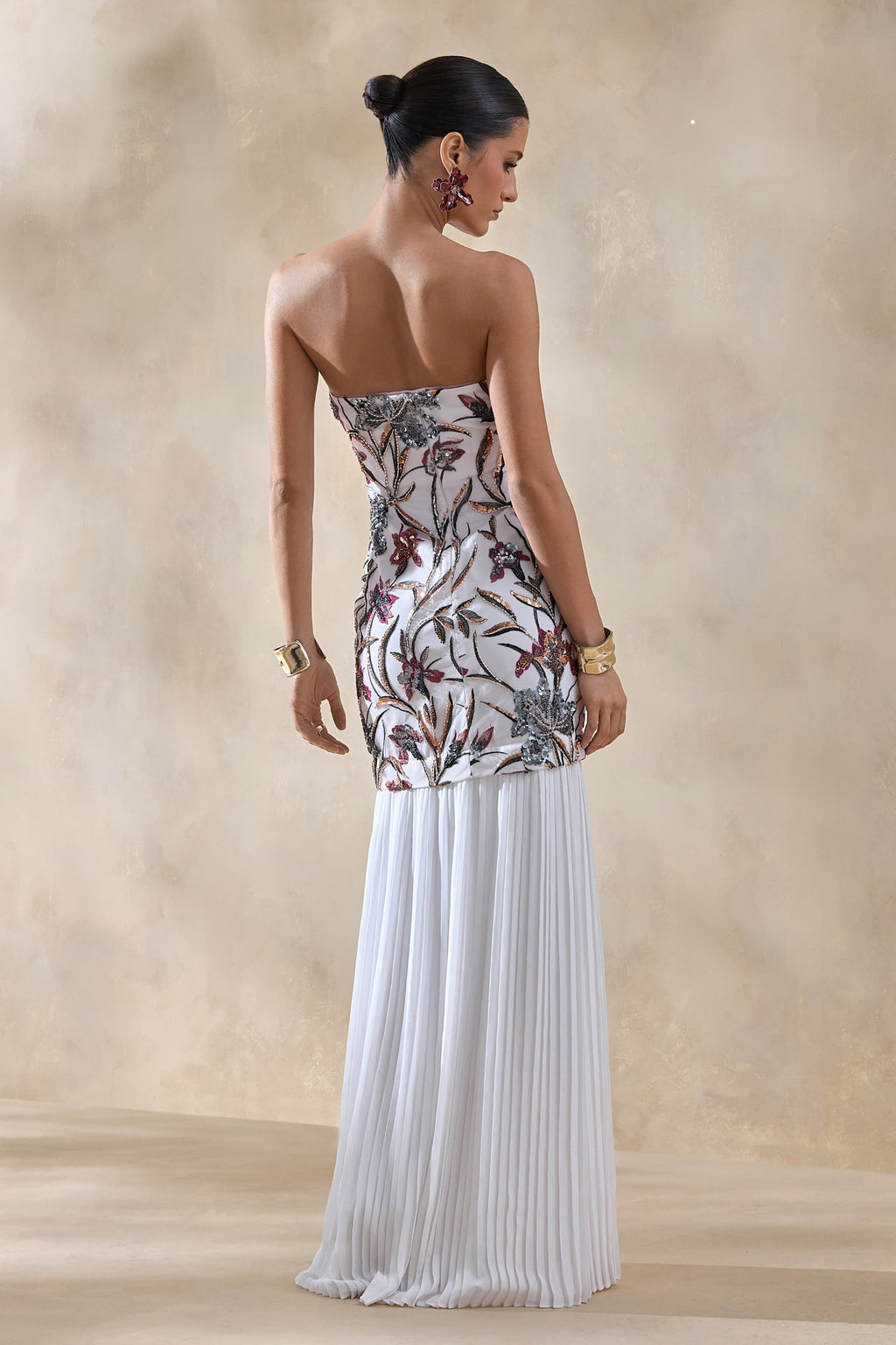 Denise | Cream Sequin Floral Bandeau-Neck Embellished Maxi Dress With Drop-Waist And Mesh Skirt