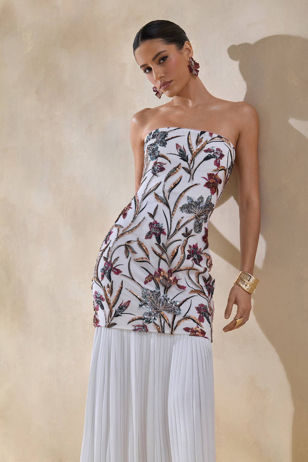 Denise | Cream Sequin Floral Bandeau-Neck Embellished Maxi Dress With Drop-Waist And Mesh Skirt