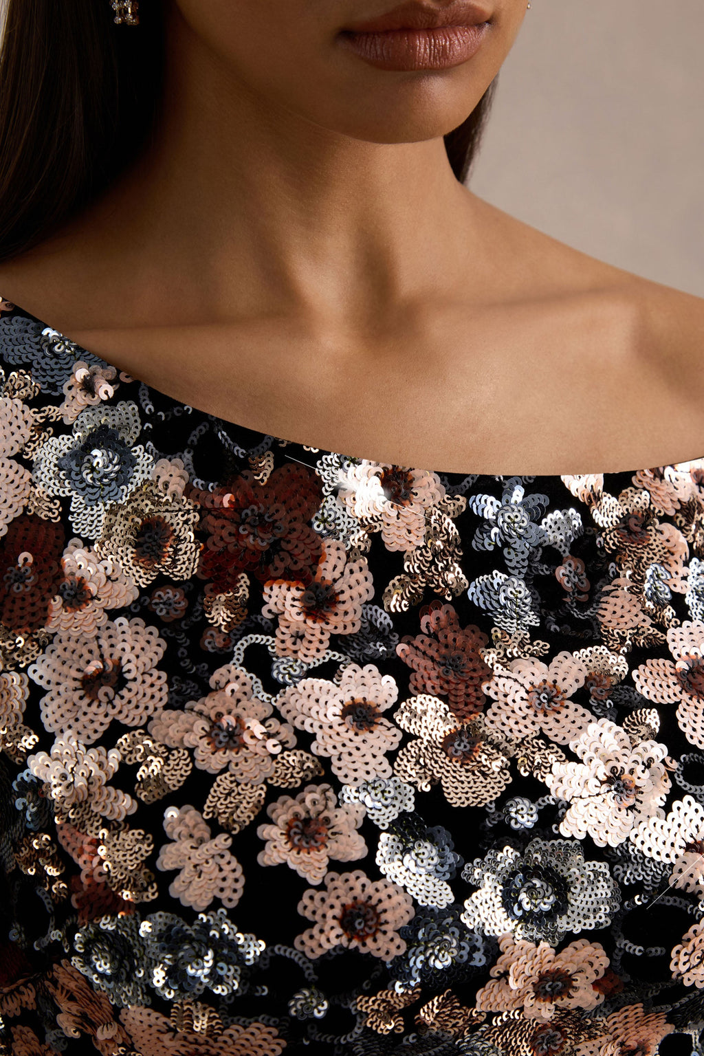 Electric | Black Velvet & Embellished Sequin Floral Asymmetric-Neck Maxi Dress