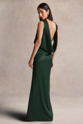 Stacey | Dark Green Slashed-Neck Maxi Dress With Open-Back And Embellished Detail