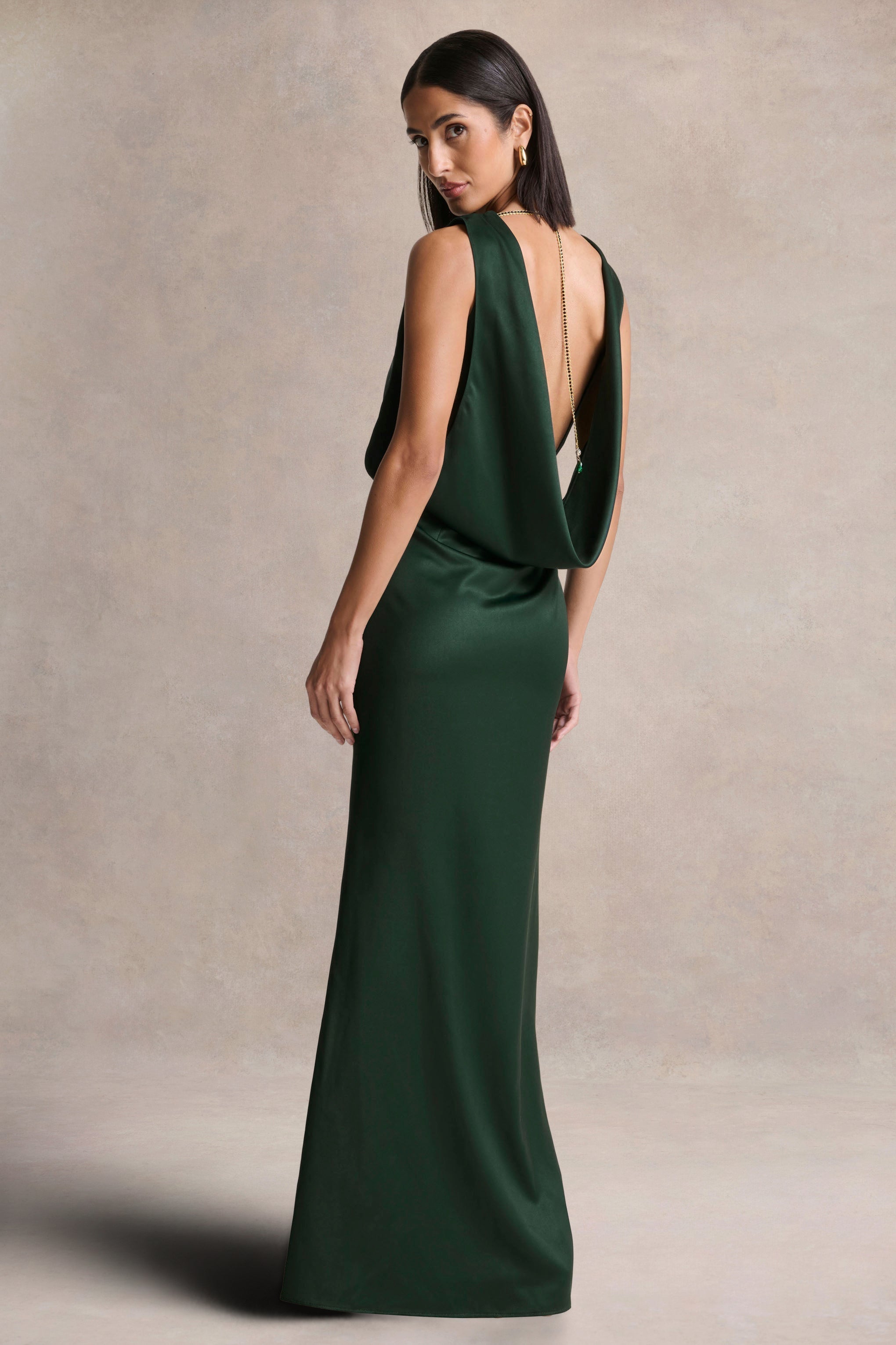 Stacey | Dark Green Slashed-Neck Maxi Dress With Open-Back And Embellished Detail