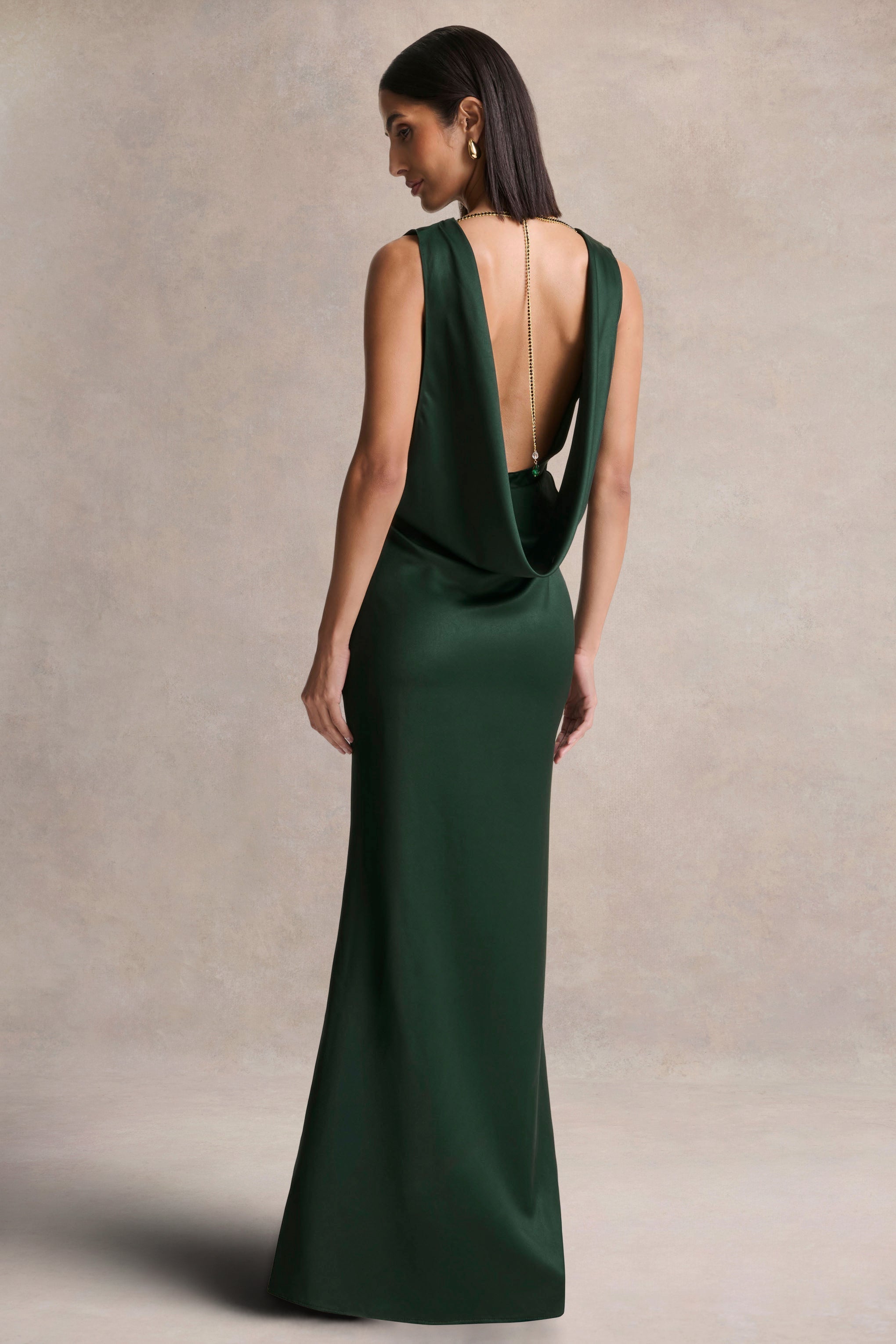 Stacey | Dark Green Slashed-Neck Maxi Dress With Open-Back And Embellished Detail