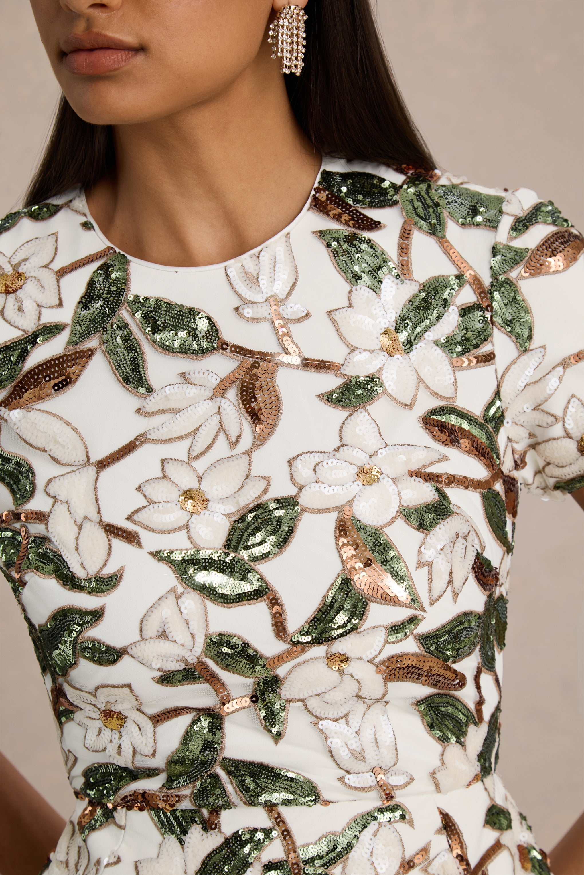 Ophelia | White And Green Embellished Sequin Floral And Mesh Mini Dress With Short Sleeves