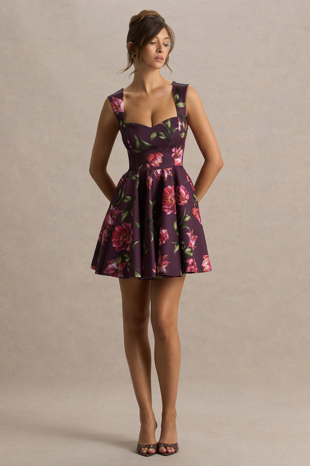 Magic | Burgundy Floral Print Sweetheart-Neck Mini Dress.