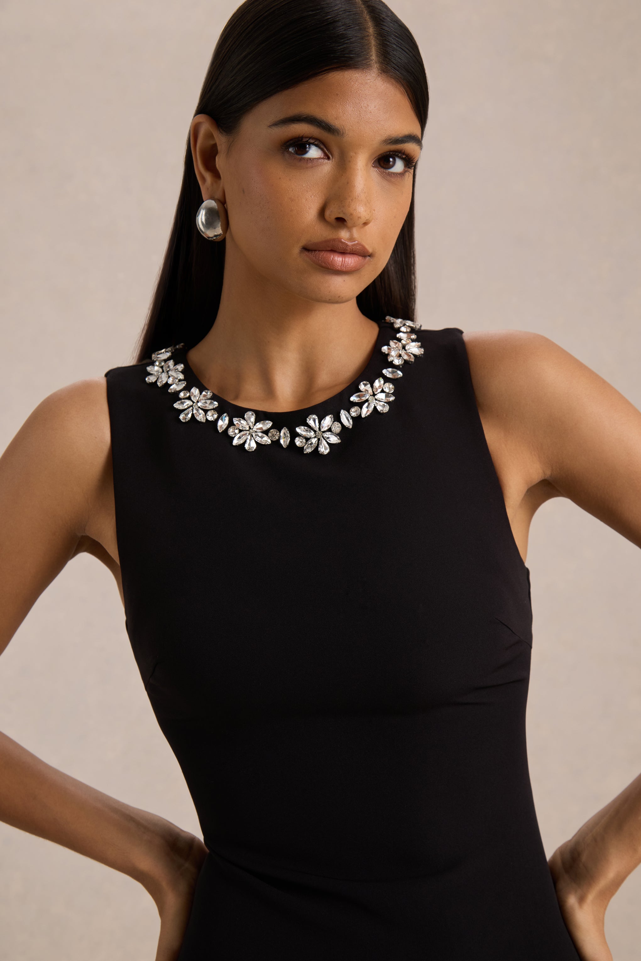Nalani | Black And White Crew-Neck Mini Dress With Embellishment And Ruffled Detailing