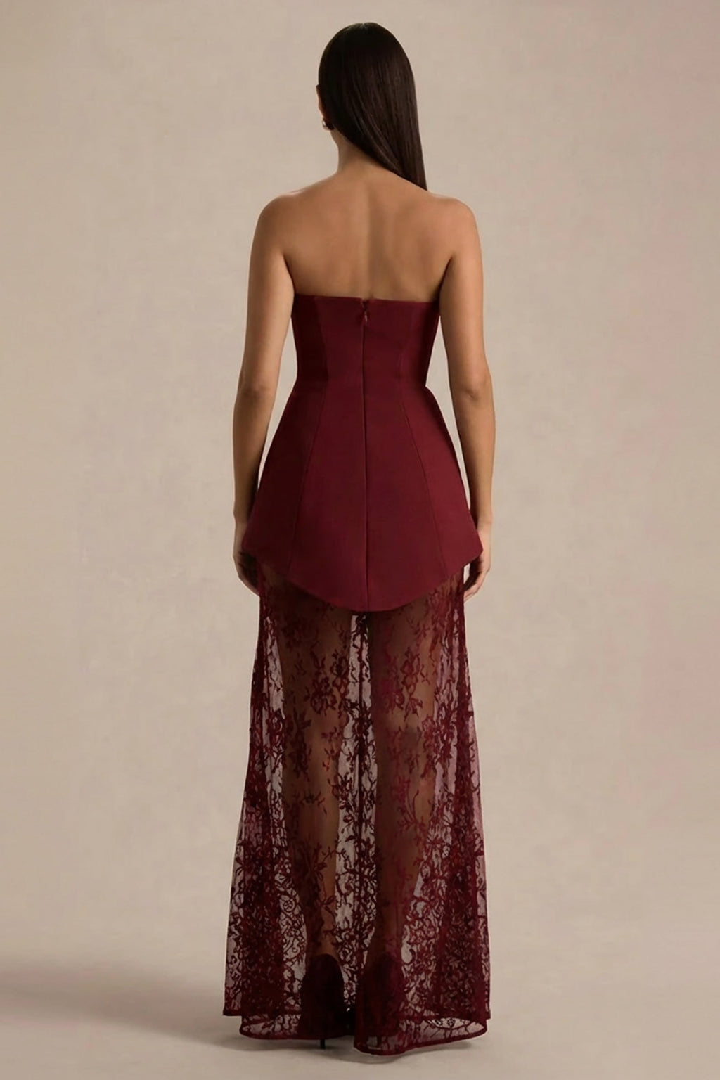 Brandi | Burgundy Bandeau Maxi Dress With Lace Skirt
