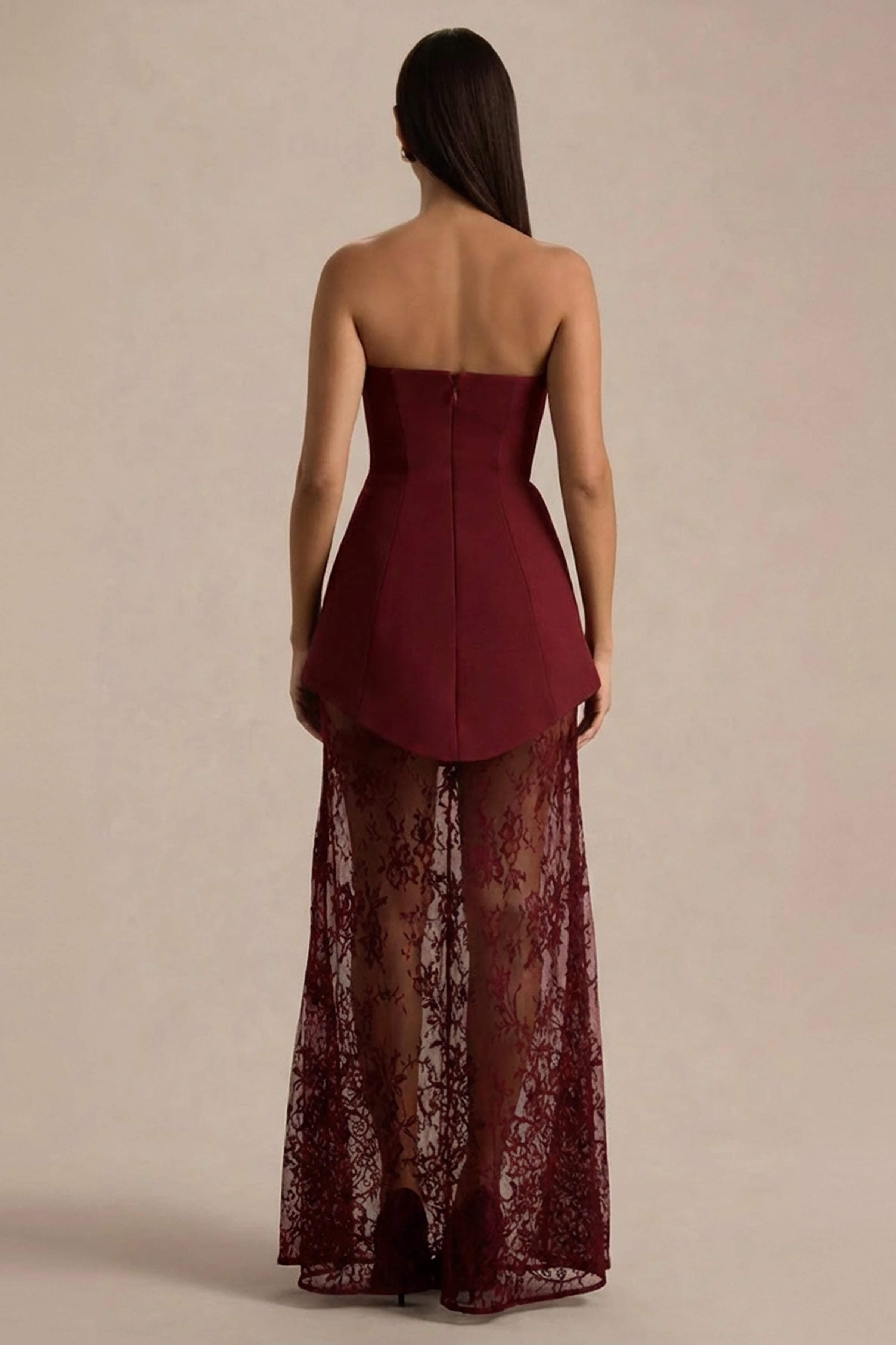 Brandi | Burgundy Bandeau Maxi Dress With Lace Skirt