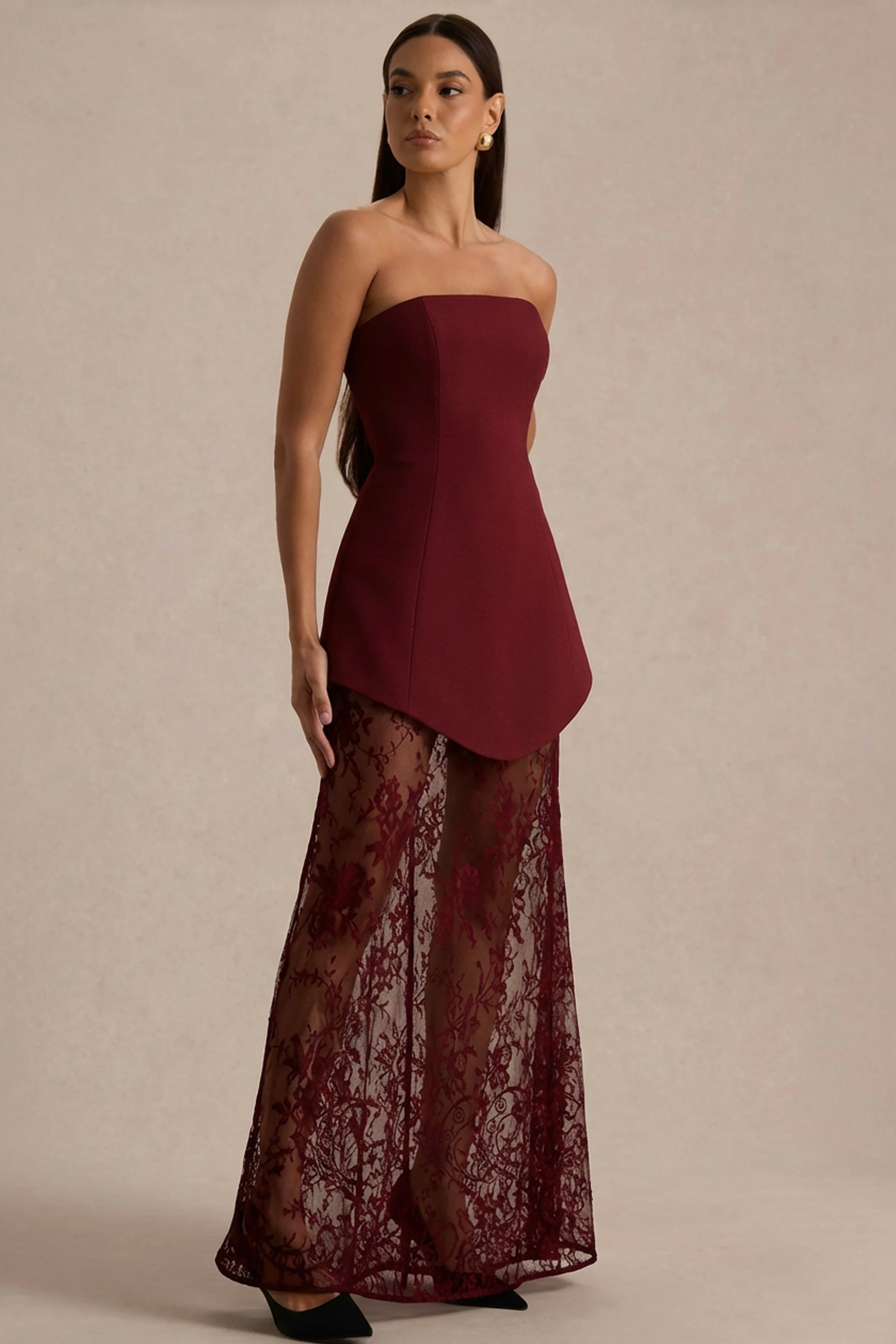 Brandi | Burgundy Bandeau Maxi Dress With Lace Skirt
