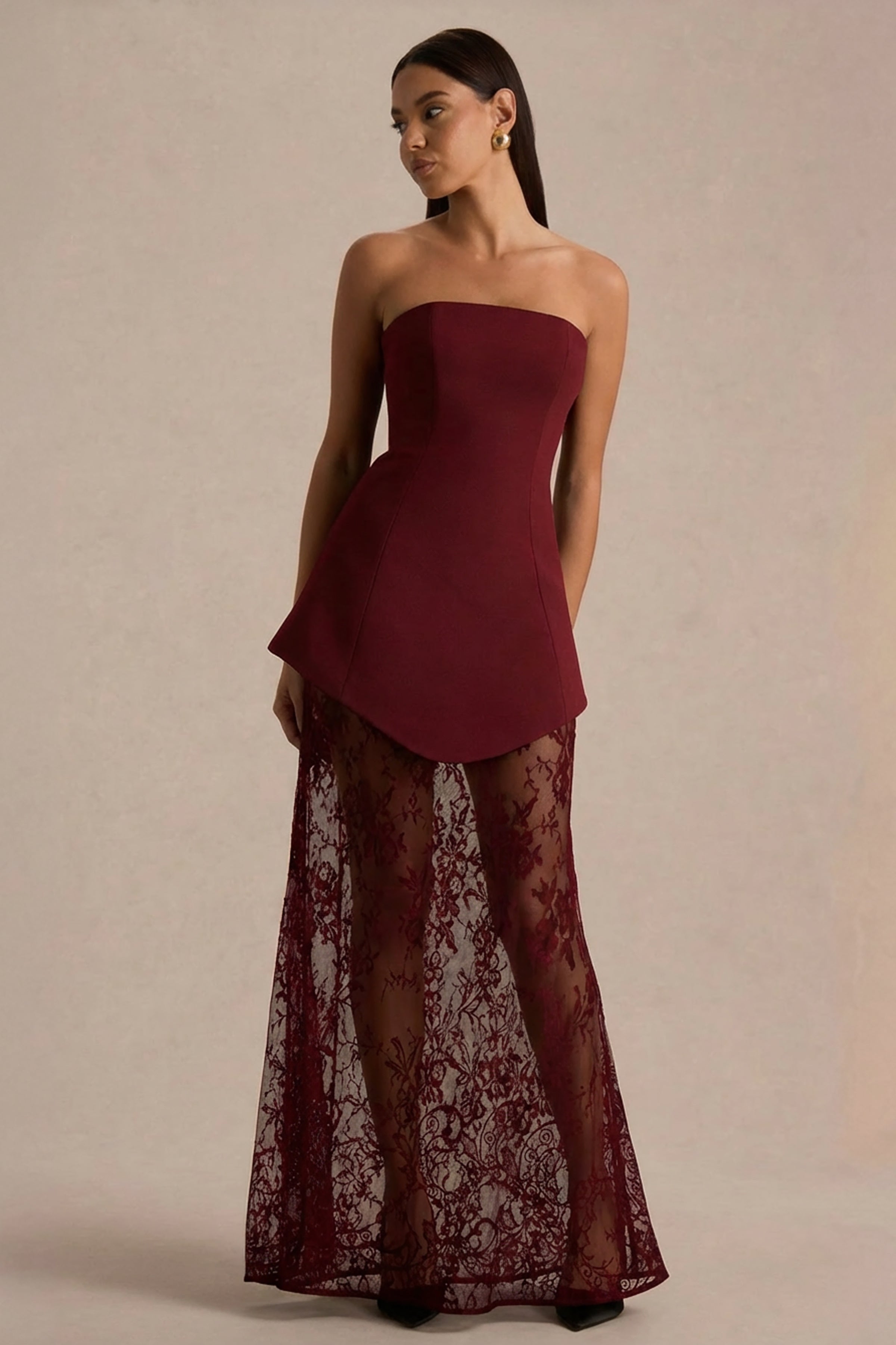 Brandi | Burgundy Bandeau Maxi Dress With Lace Skirt