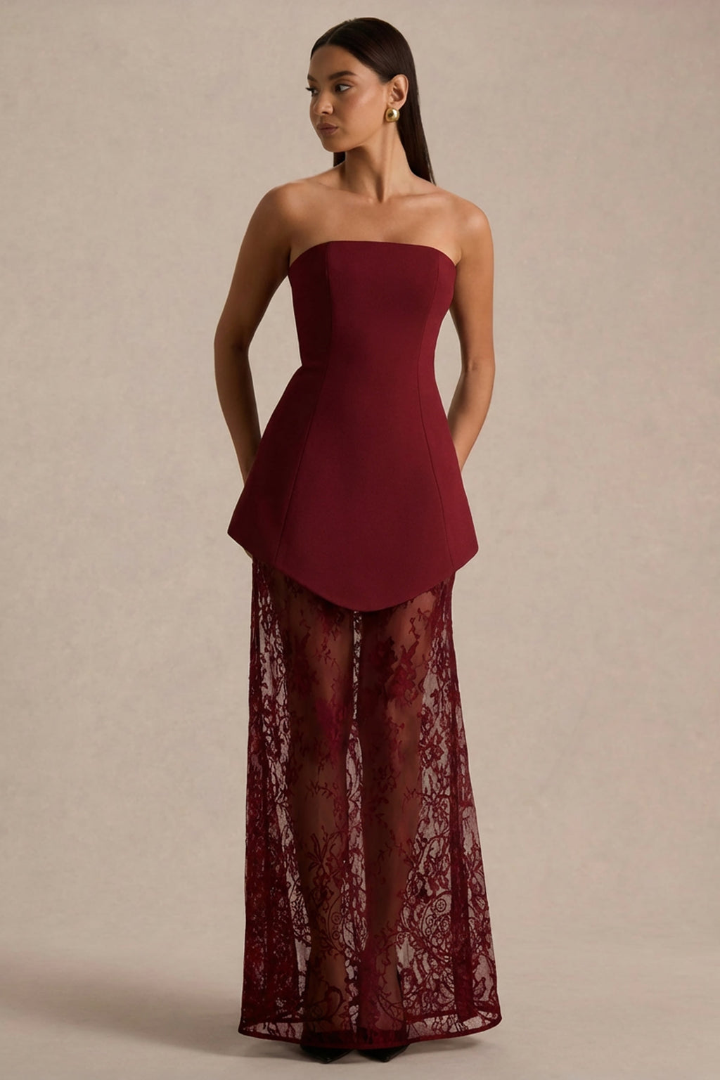 Brandi | Burgundy Bandeau Maxi Dress With Lace Skirt