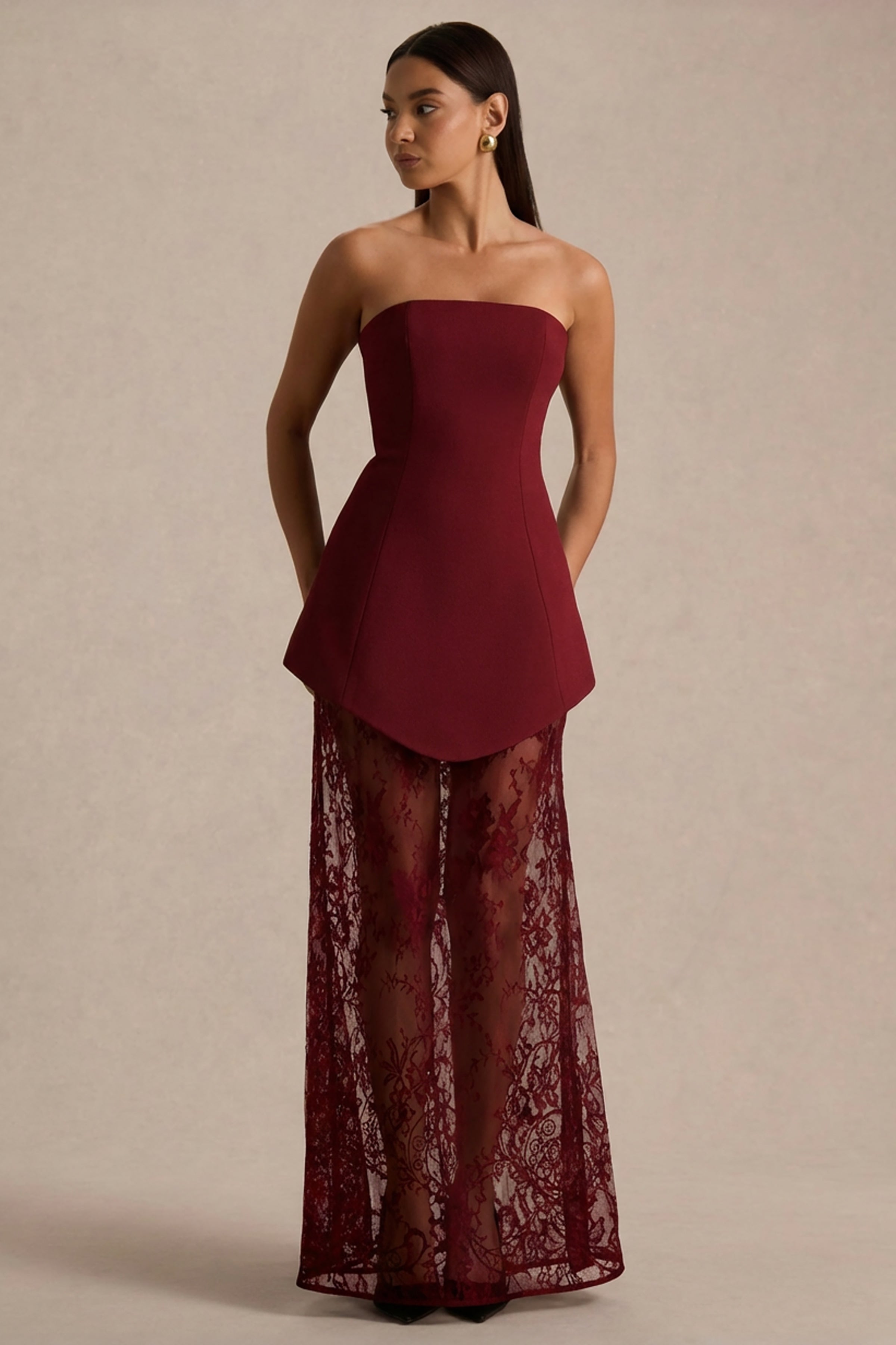 Brandi | Burgundy Bandeau Maxi Dress With Lace Skirt