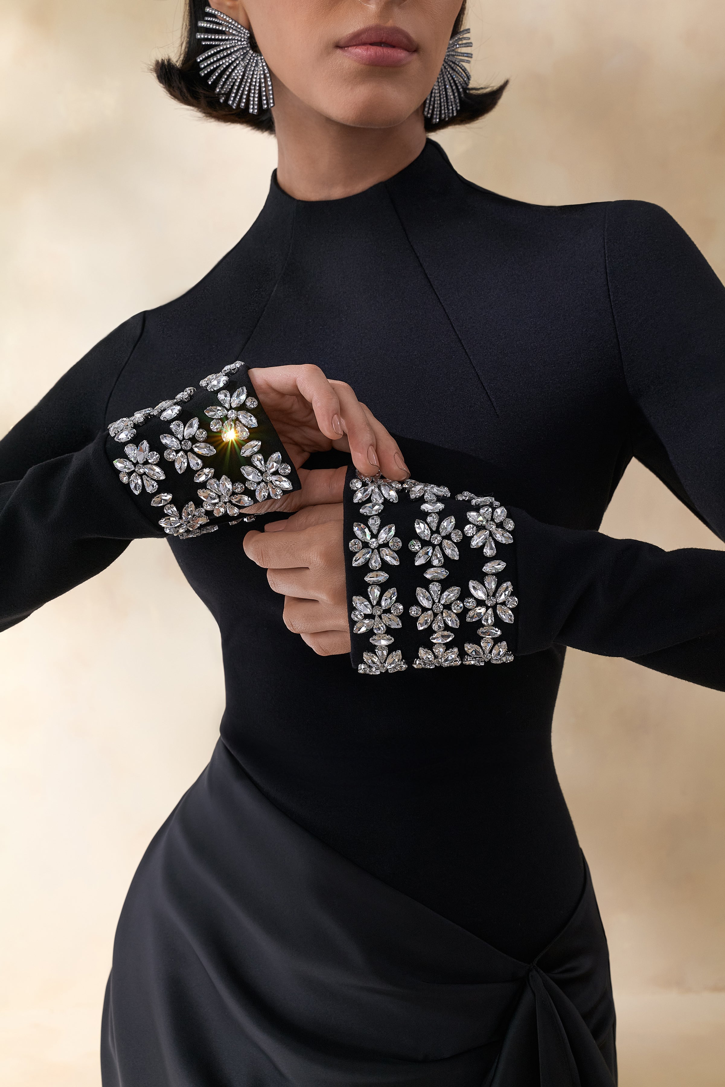 Starred | Black High-Neck Maxi Dress With Satin Wrap-Skirt And Embellished Cuffs