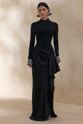 Starred | Black High-Neck Maxi Dress With Satin Wrap-Skirt And Embellished Cuffs
