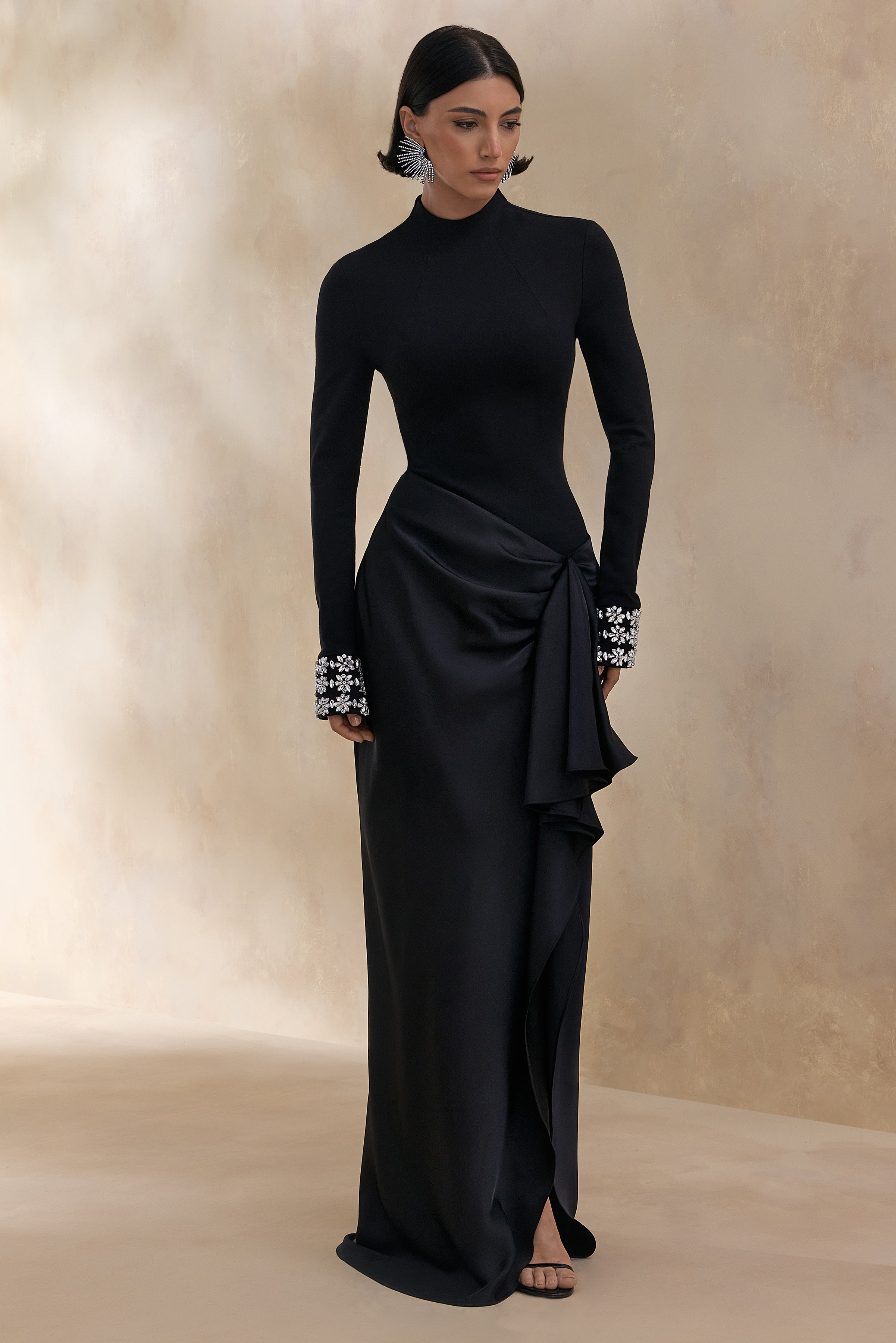 Starred | Black High-Neck Maxi Dress With Satin Wrap-Skirt And Embellished Cuffs