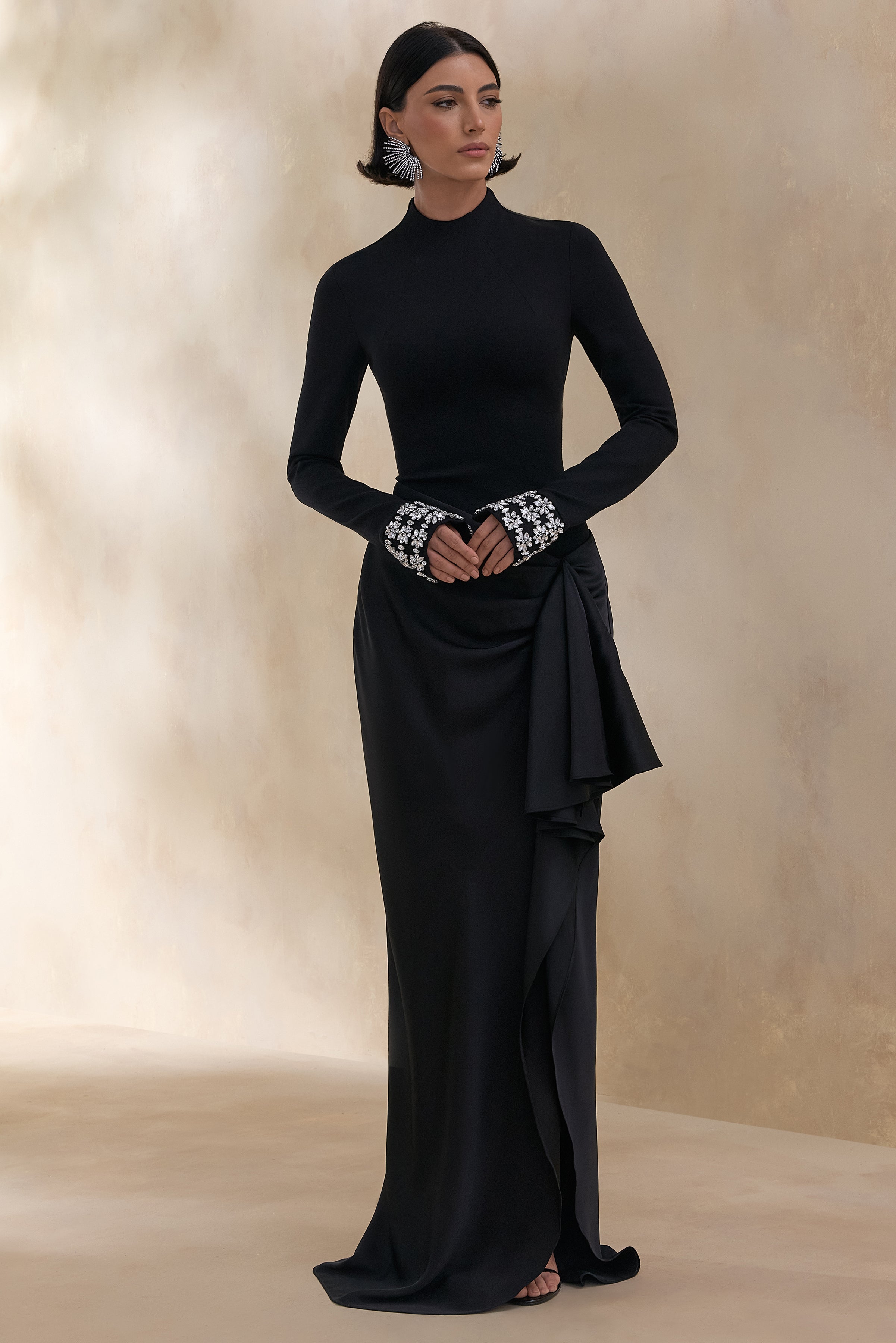 Starred | Black High-Neck Maxi Dress With Satin Wrap-Skirt And Embellished Cuffs