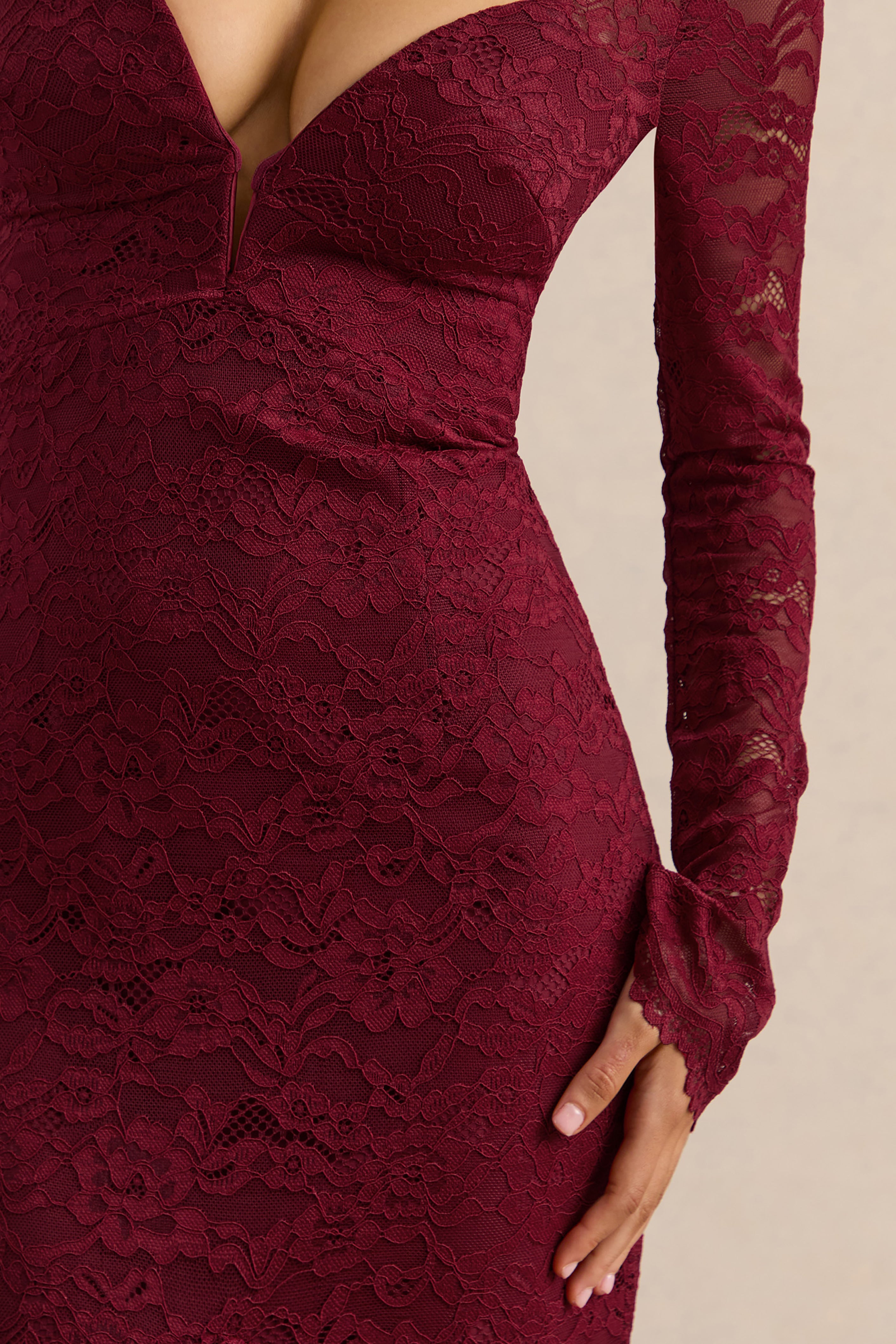 Camilly | Burgundy Lace Plunge-Neck Mermaid Midi Dress