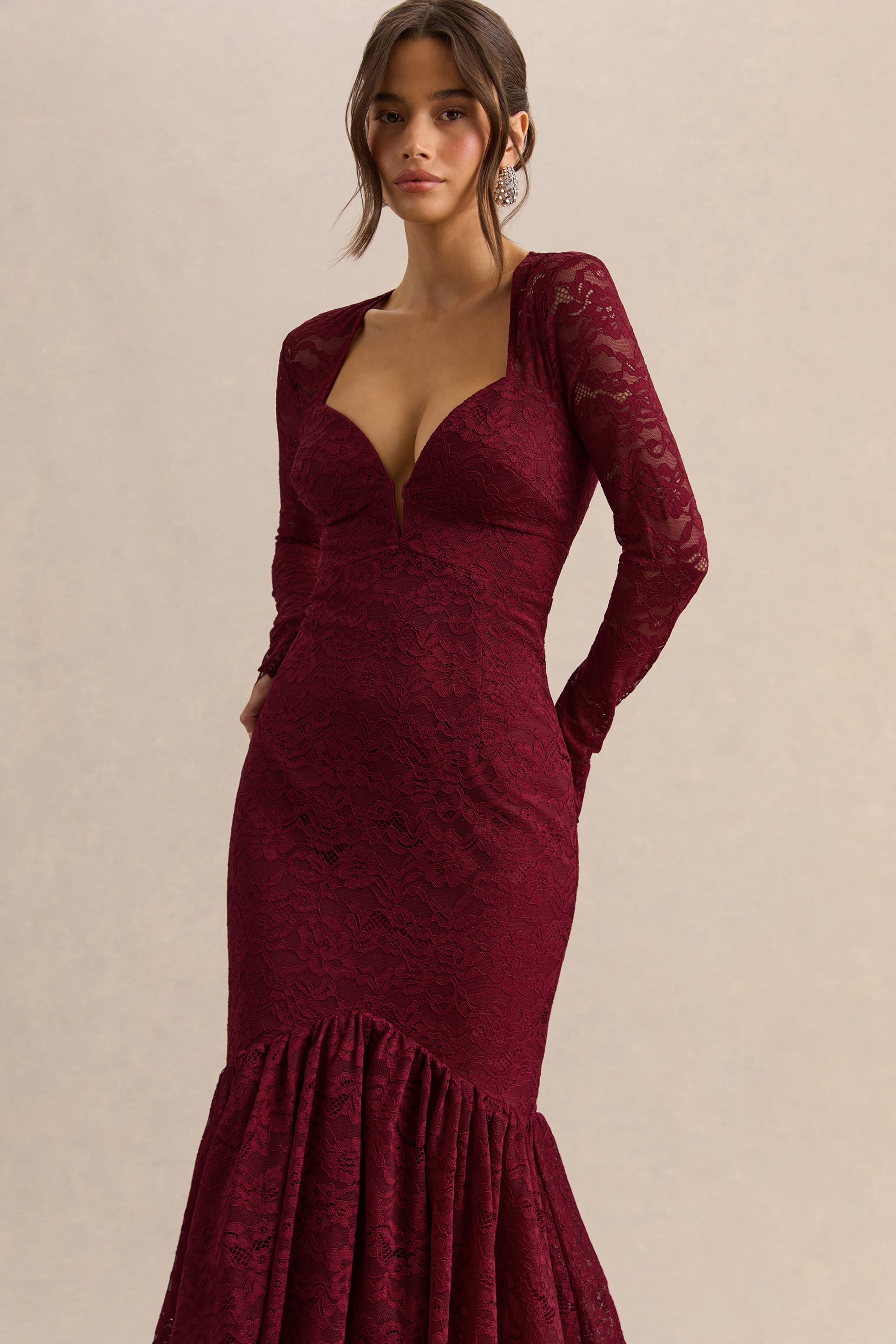 Camilly | Burgundy Lace Plunge-Neck Mermaid Midi Dress
