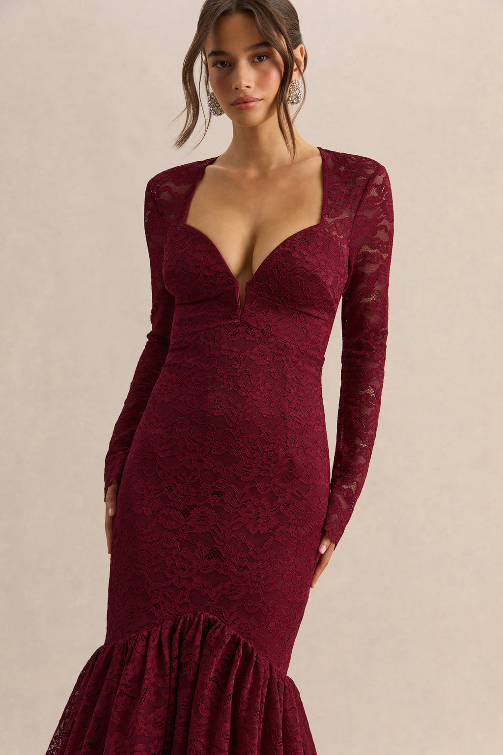 Camilly | Burgundy Lace Plunge-Neck Mermaid Midi Dress