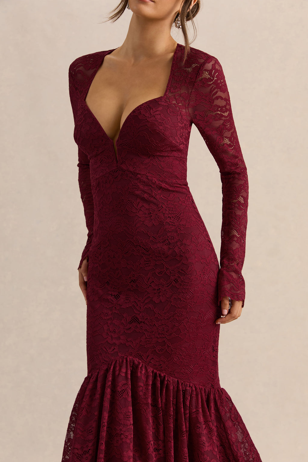 Camilly | Burgundy Lace Plunge-Neck Mermaid Midi Dress